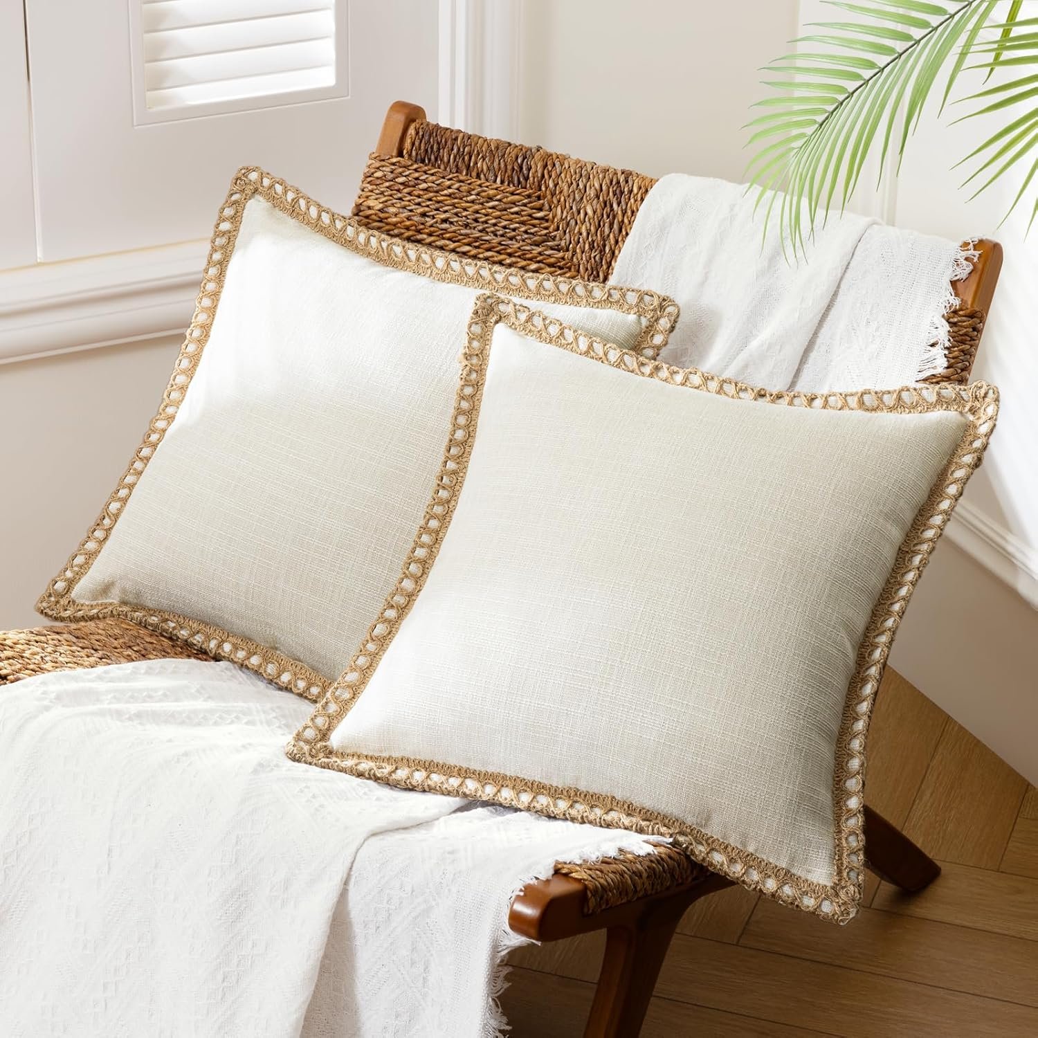 Phantoscope Pack of 2 Farmhouse Modern Spring Decorative Throw Pillow Covers Burlap Linen Trimmed Outdoor Pillows Tailored Edges Off White 18 x 18 inches, 45 x 45 cm