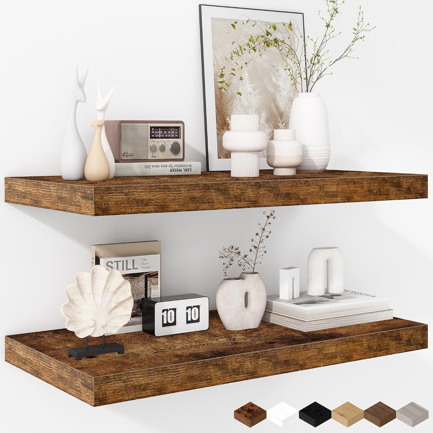 Fun Memories Floating Shelves – 2 Pack 12 Inch Deep Rustic Wooden Wall Shelves – Extra Deeper & Thicker Wall Mounted Storage Shelf for Living Room, Kitchen, Farmhouse – 24″ W x 12″ D x 1.5″ H – Brown