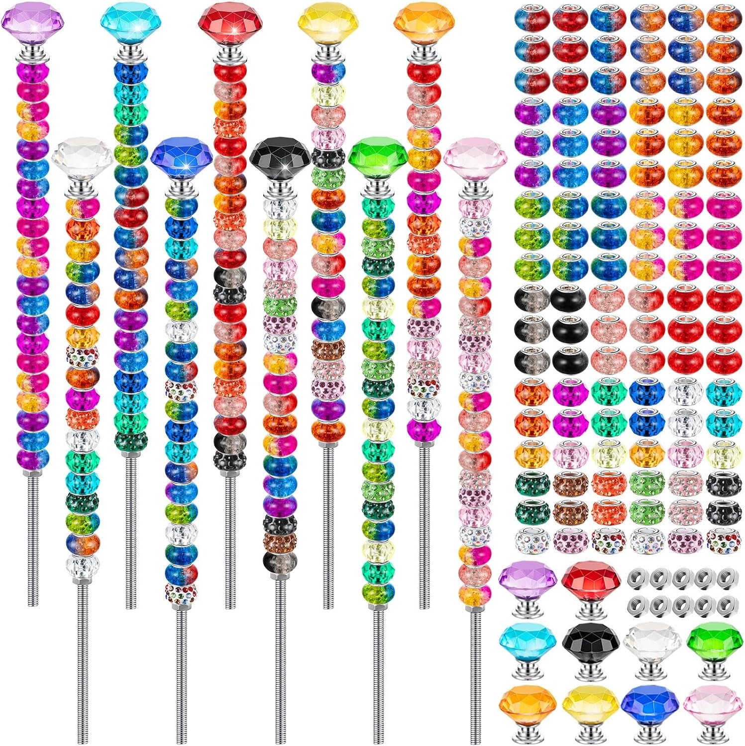 230 Pcs Beaded Garden Stakes DIY Fairy Wand Kit, 12 in | 200 Colorful Assortment Round Large Hole Beads, 10 Crystal Stopper Top, 10 Threaded Rod & 10 Nuts, Outdoor Decoration