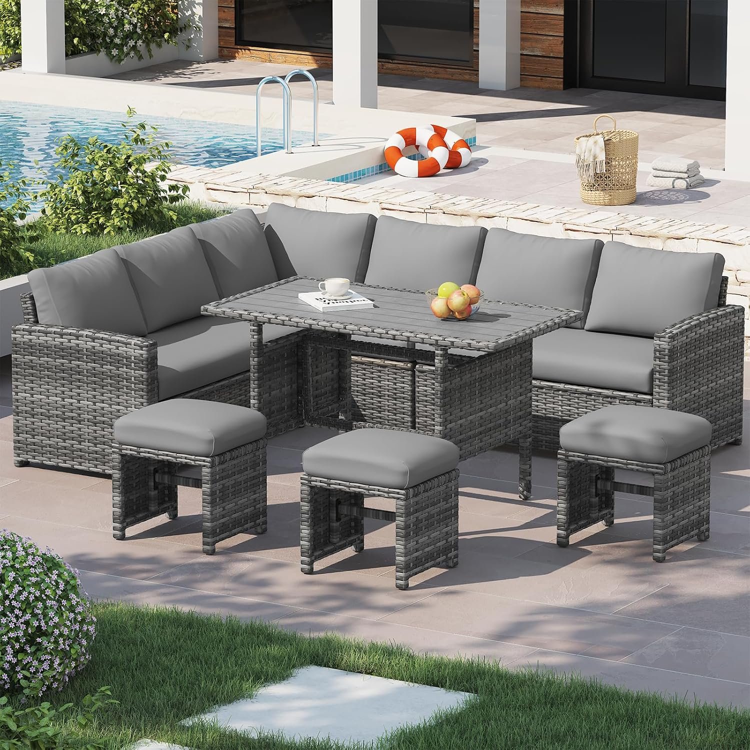 Patio Furniture Set, 7 Pieces Outdoor Sectional Sofa Conversation Set | All Weather Wicker Rattan, High Dining Table & Chair with Ottoman, for Backyard, Pool, Grey Rattan&Grey Cushion