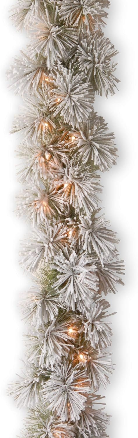 National Tree Company 9ft Pre-Lit Snowy Bristle Pine Christmas Garland | 70 Clear Lights, 75 Tips, Artificial Christmas Decoration, Green