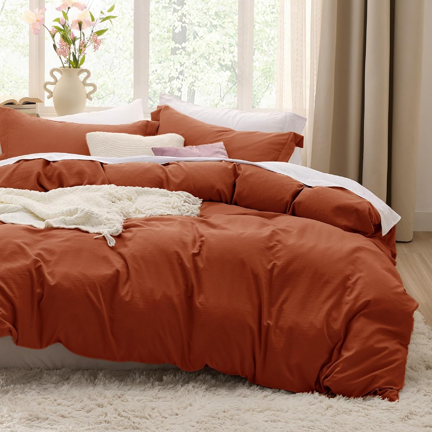 Bedsure Prewashed Duvet Cover Queen, Cotton-Like Bedding Set, Terracotta | Ultra Soft, Relaxed Texture, Breathable Comfort, Hidden Zipper, 8 Corner Ties, Easy Care, OEKO-TEX Certified, Year-Round Use