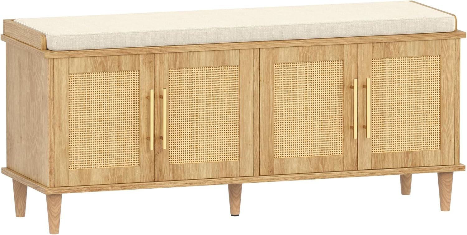 Akxomel 47.2″ Rattan Shoe Storage Bench 4 Doors Wooden Entryway Bench Oak | 2 Tier Shoe Bench with Padded Cushion, Adjustable Shelves and 4 Doors, Solid Wood Legs, for Hallway, Living Room, Bedroom