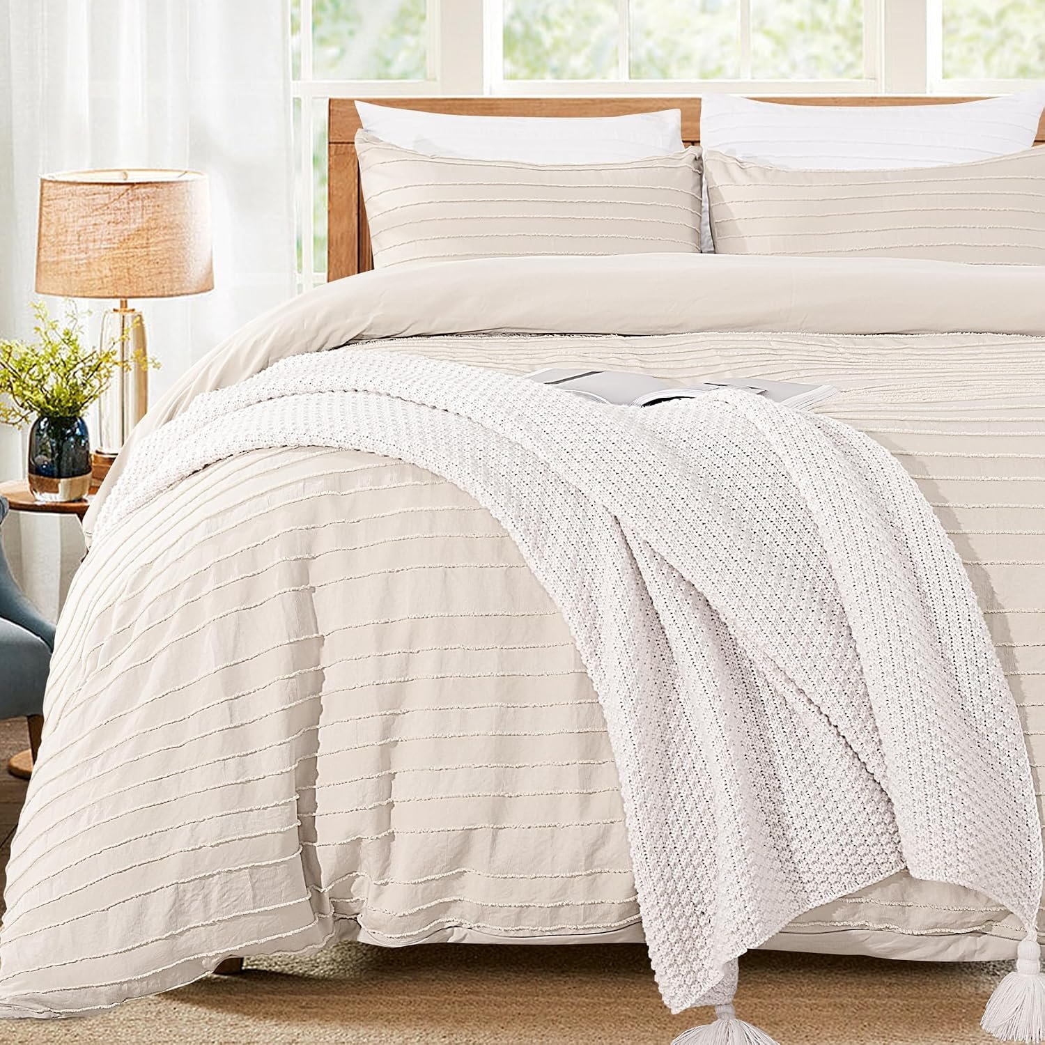 NEXHOME PRO Duvet Cover Full,Beige 3 Pieces Boho Tufted Duvet Cover Set, Soft and Lightweight 100% Washed Microfiber Comforter Cover Set for All Season(Beige Full, 80 x 90)-No Comforter