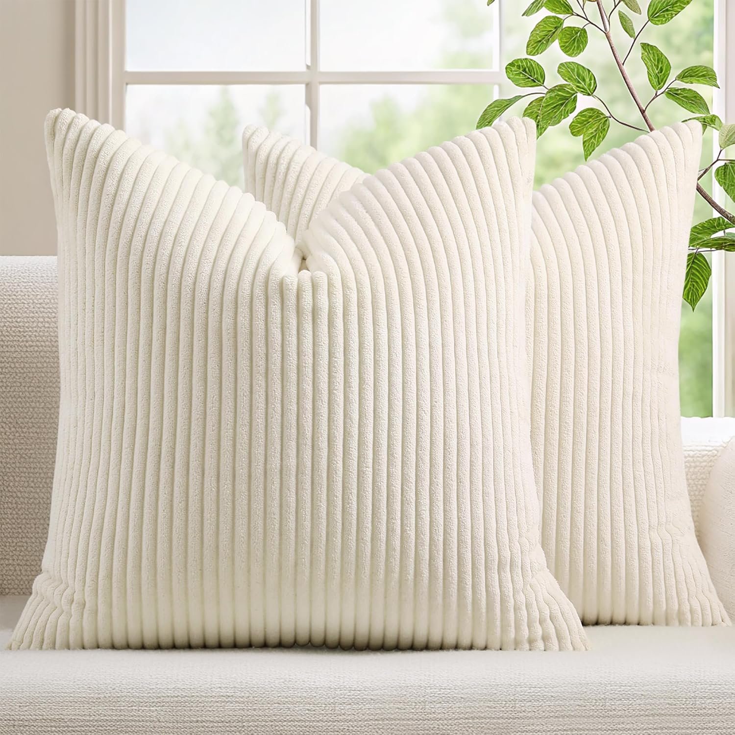 Mecatny Corduroy Fall Throw Pillow Covers 20×20 Set of 2 Cream White | Soft Striped Texture, Hidden Zipper Design, Neutral Boho Square Pillow Cases for Sofa Couch Living Room Bedroom, Home Décor