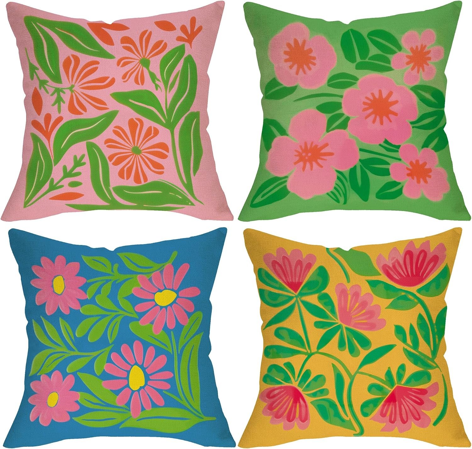 Retro Flower Decorative Throw Pillow Covers 18 x 18 Set of 4 | Bright Floral Porch Outdoor Home Decor, Spring Summer Sofa Couch Cushion Case Housewarming Gift