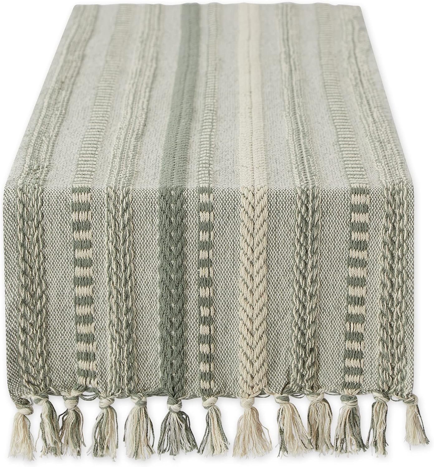 DII Farmhouse Braided Stripe Table Runner Collection, 15×72 (15×77, Fringe Included), Artichoke Green