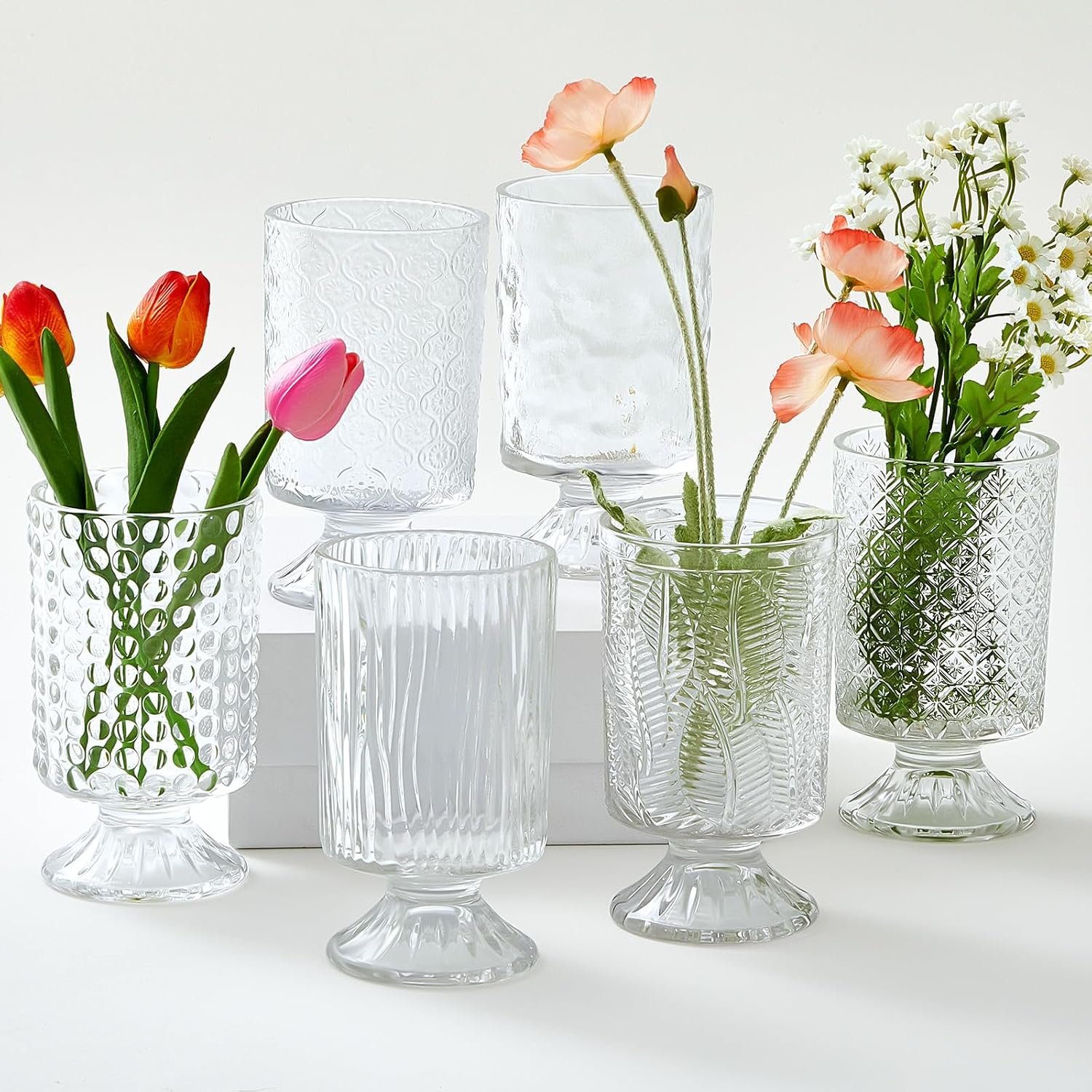 6 Pcs (H:7″ W:4″) Embossed Flower Vase Pedestal Glass Vase, Clear | Big Base Thickened Crystal Vintage Vases for Wedding Party Home Decor Table Centerpiece House Warming Gifts