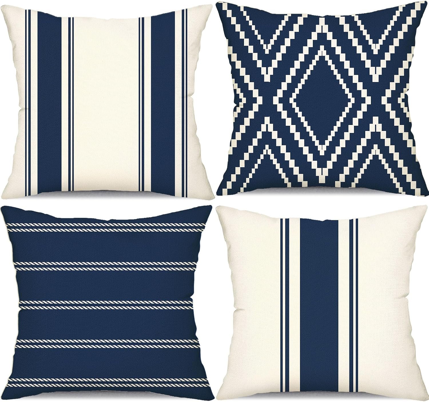 DFXSZ Outdoor Navy Blue Waterproof Geometry Pillow Covers 18×18 Set of 4 | Spring Summer Waterproof Modern Throw Pillowcases（No Inserts） Outdoor Decor for Patio Funiture Garden Polyester Covers