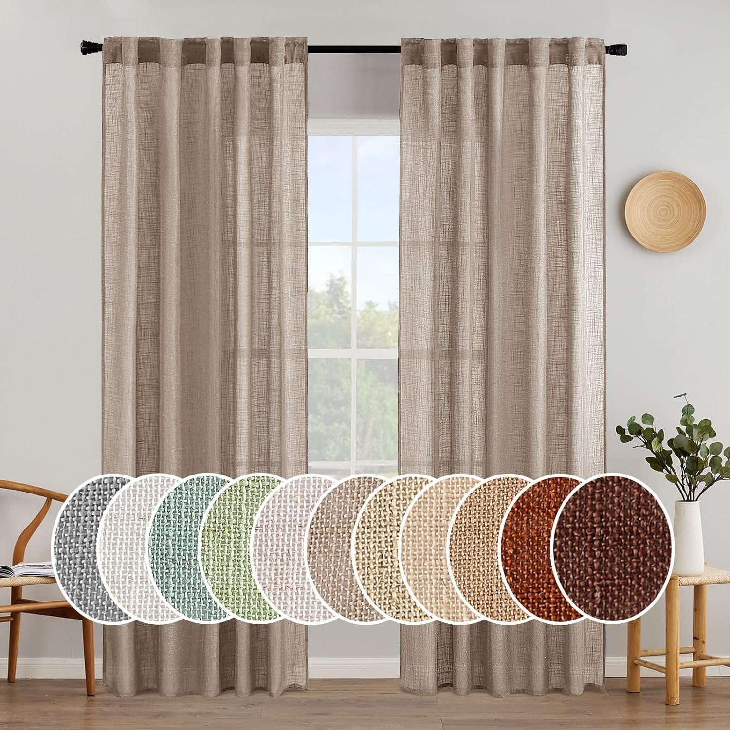 MIULEE Taupe Linen Curtains 52×84 Inch Length for Bedroom and Living Room | Thick Linen Textured Window Drapes, Semi Sheer Light Filtering, Back Tab Rod Pocket, Burlap Look Farmhouse Decor, 2 Panels