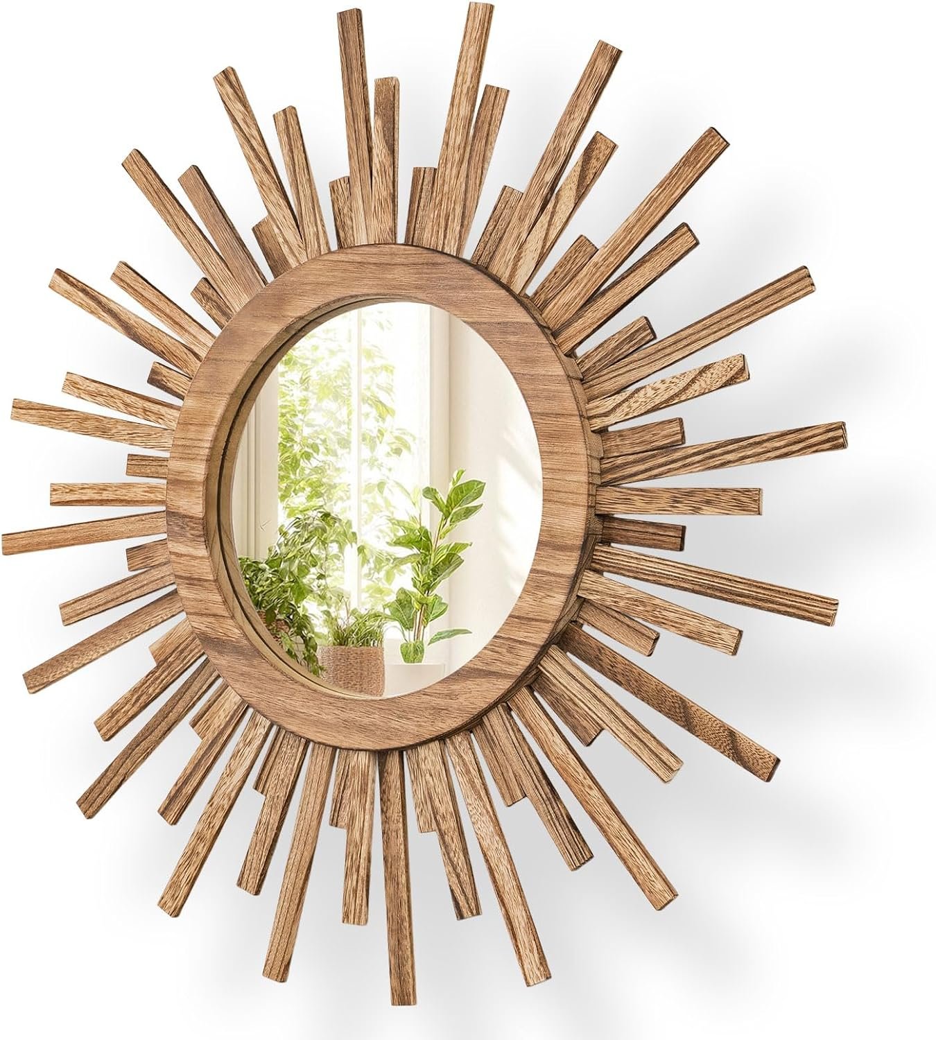 24 Inch Boho Sunburst Mirror, Round Wooden Wall Decor Starburst Sun Mirror for Bedroom, Living Room, Bathroom, Hallway, Balcony, Farmhouse Entryway, Housewarming Gift（Rustic Brown