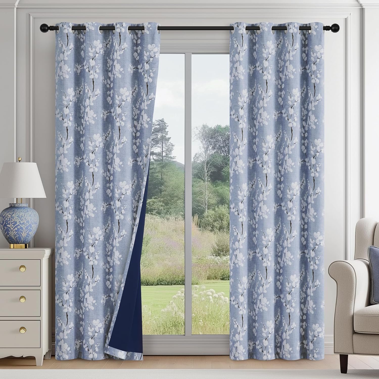 FMFUNCTEX Blue Blackout Floral Curtains for Bedroom, 84 Inches, 2 Panels | 100% Black Out Drapes, Blossom Patterned, Thermal Insulated, Cottage Farmhouse, for Living Room, Grommet Top, White on Blue