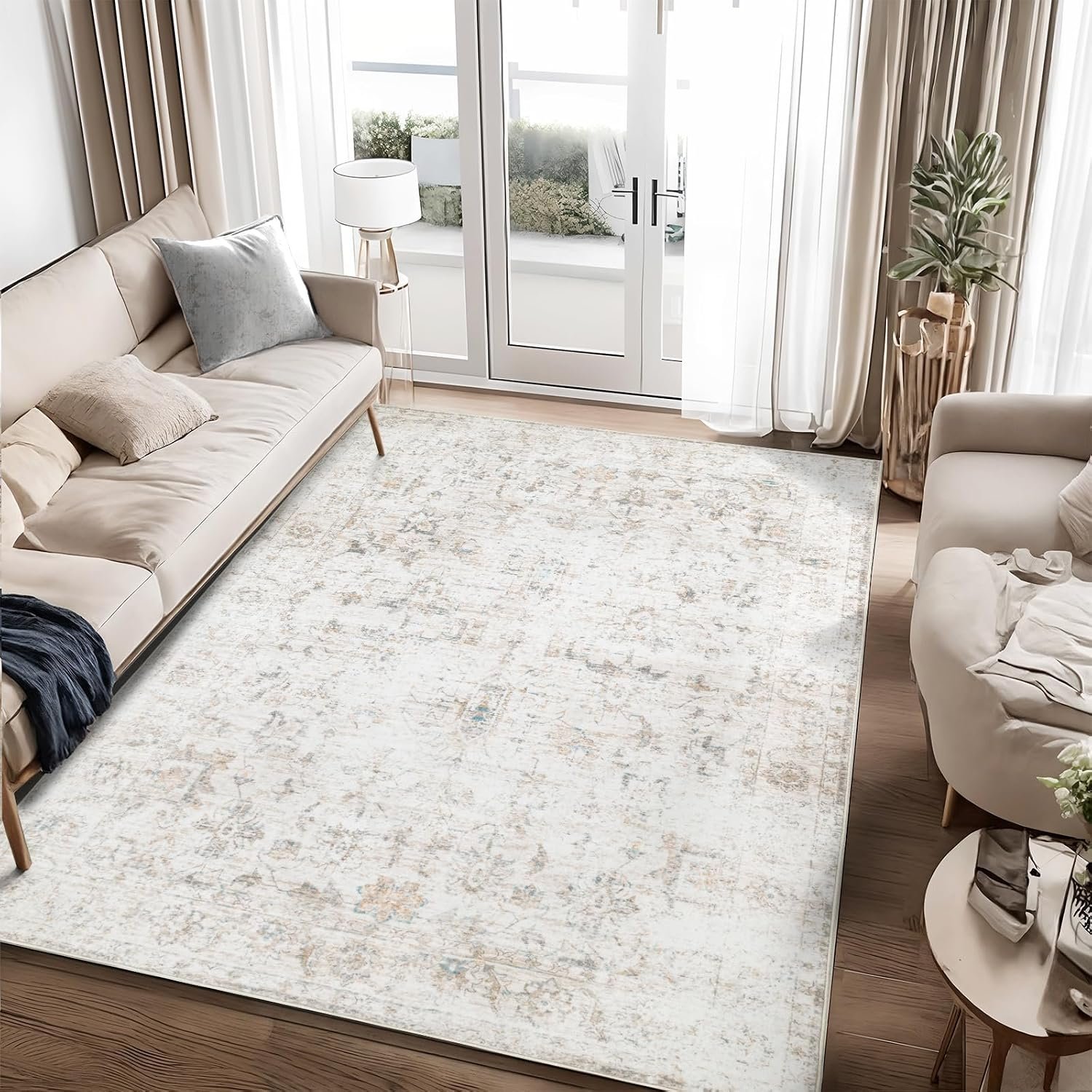 Washable 8×10 Area Rug for Living Room Beige | Vintage Floral Rug Soft Non Slip Stain Resistant Boho Carpet for Bedroom Dinning Room Home Office
