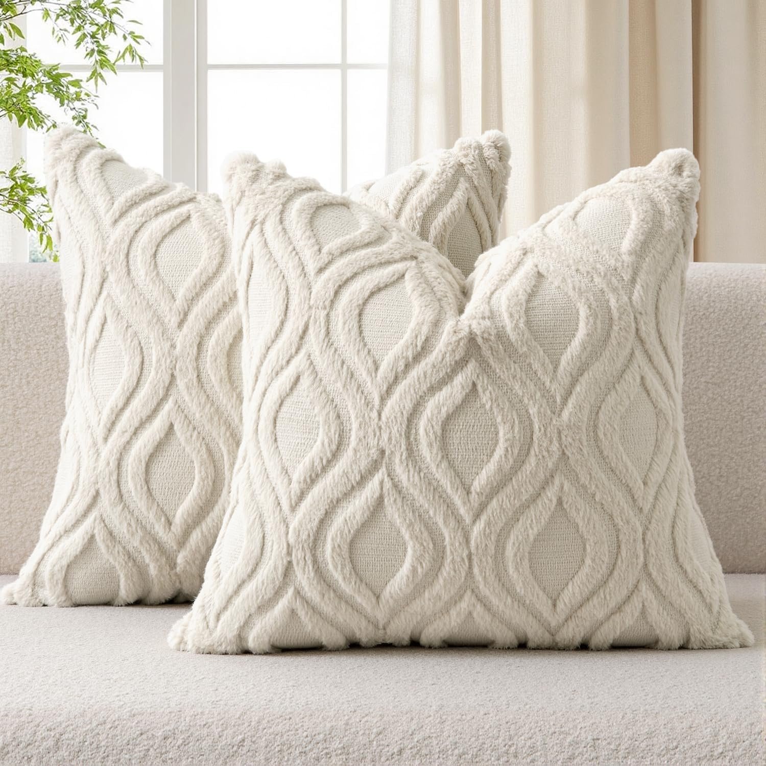 MIULEE Beige Throw Pillow Covers 18×18 Inch, Neutral Soft Plush Faux Wool Solid Couch Pillows Set of 2, Decorative Farmhouse Boho Cushion Covers for Sofa Living Room Bed Home Decor | Set of 2, Fall Farmhouse Boho Home Decor, Decorative Cushion Covers for Sofa, Living Room, Bed