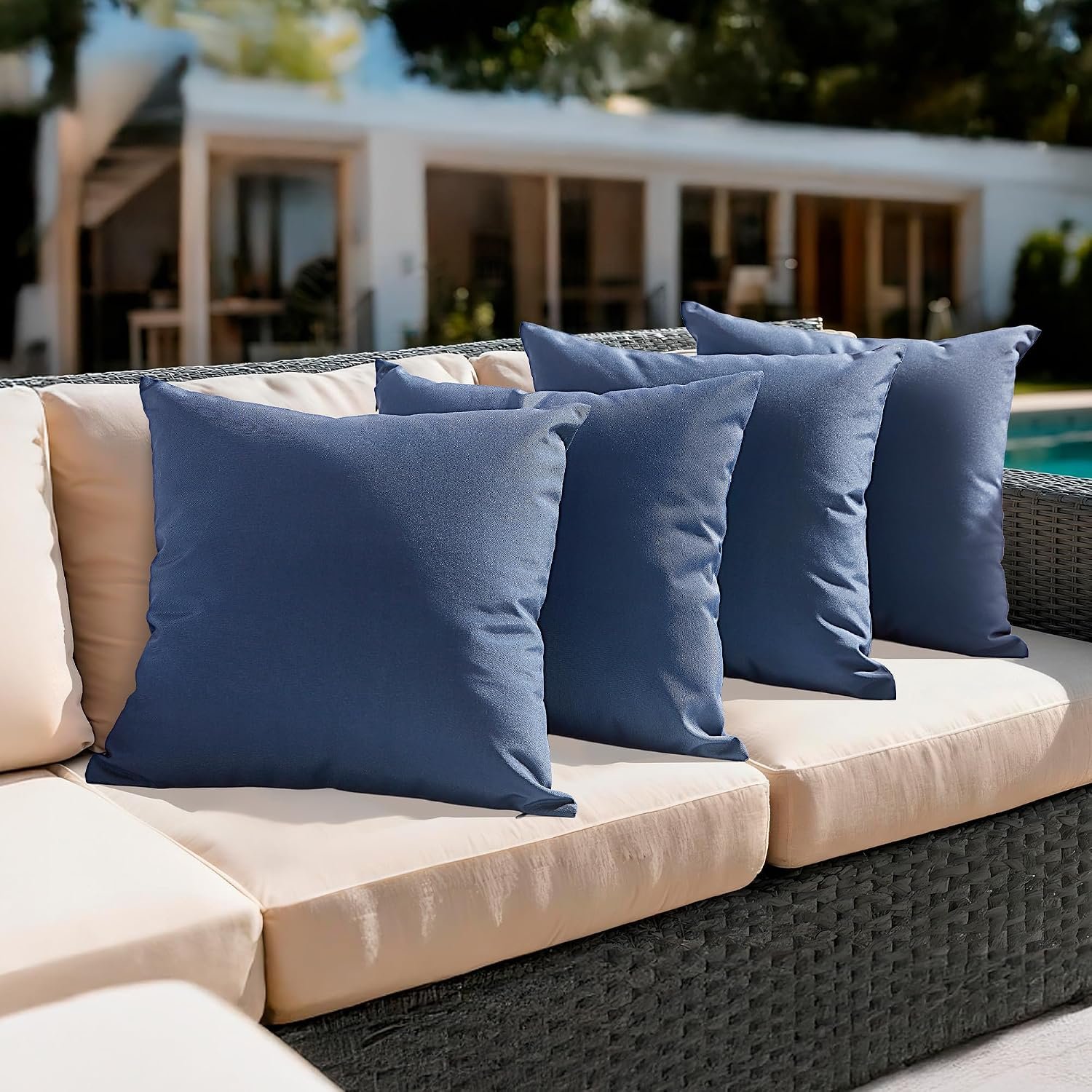 Amazon Basics 4-Piece Outdoor Decorative Throw Pillow Covers, Water Resistant All-Weather Pillow Protectors for The Garden, Patio, Balcony, Couch and Sofa, 18 x 18 Inches, Navy Blue