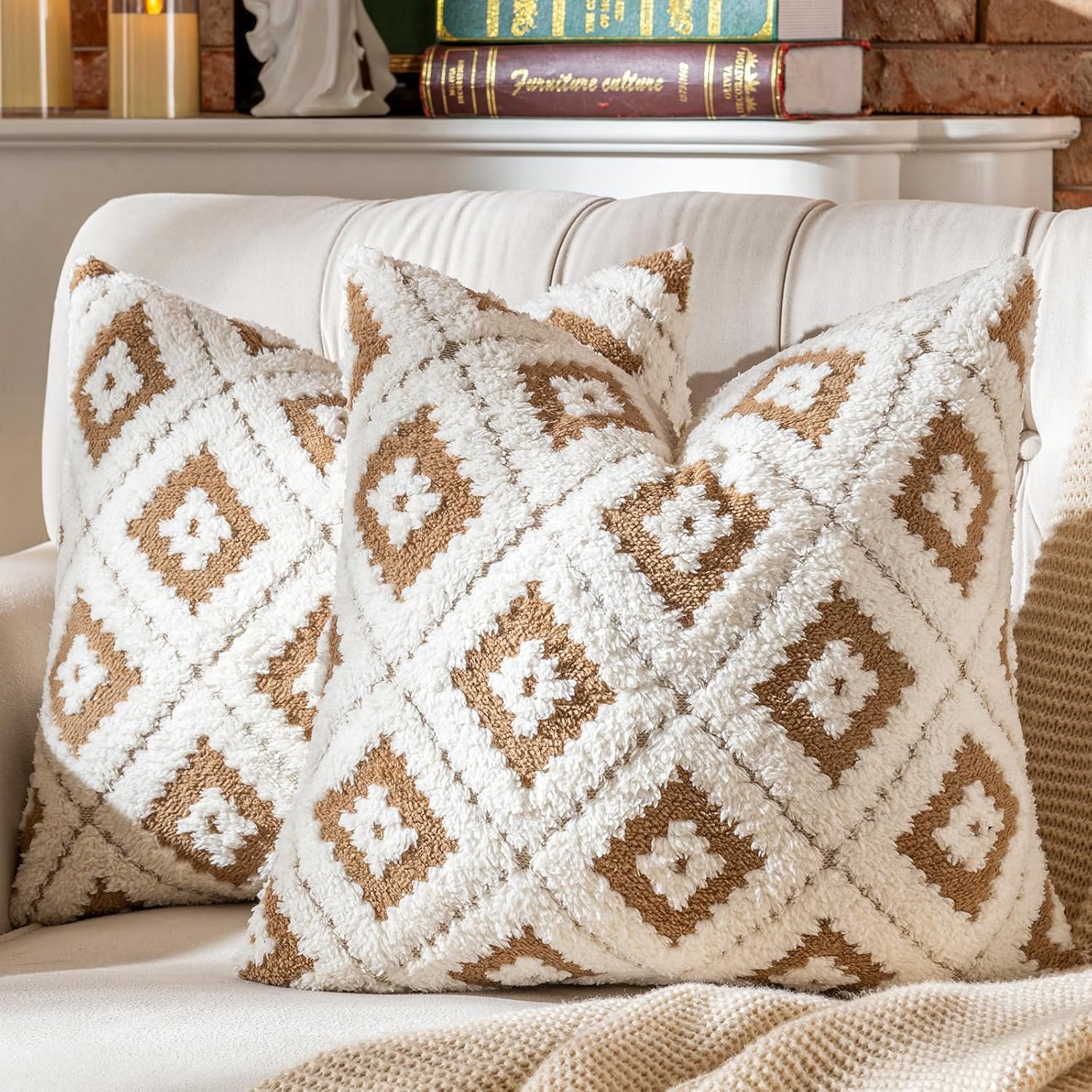 Pack of 2 Decorative Throw Pillow Covers Rhomboid Luxury Super Soft Plush Set Case Cushion for Couch Sofa Bedroom 20 x 20-Inch Tawny Brown