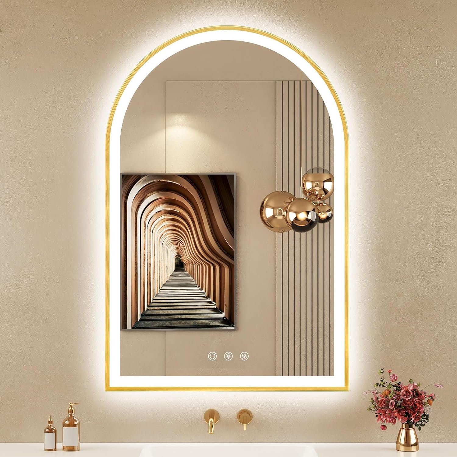 24″x36″ Arched LED Lighted Bathroom Mirror with Lights | Gold Aluminum Frame, Fogless, Dimmable, Shatterproof, Touch Sensor, 3 Color Changing