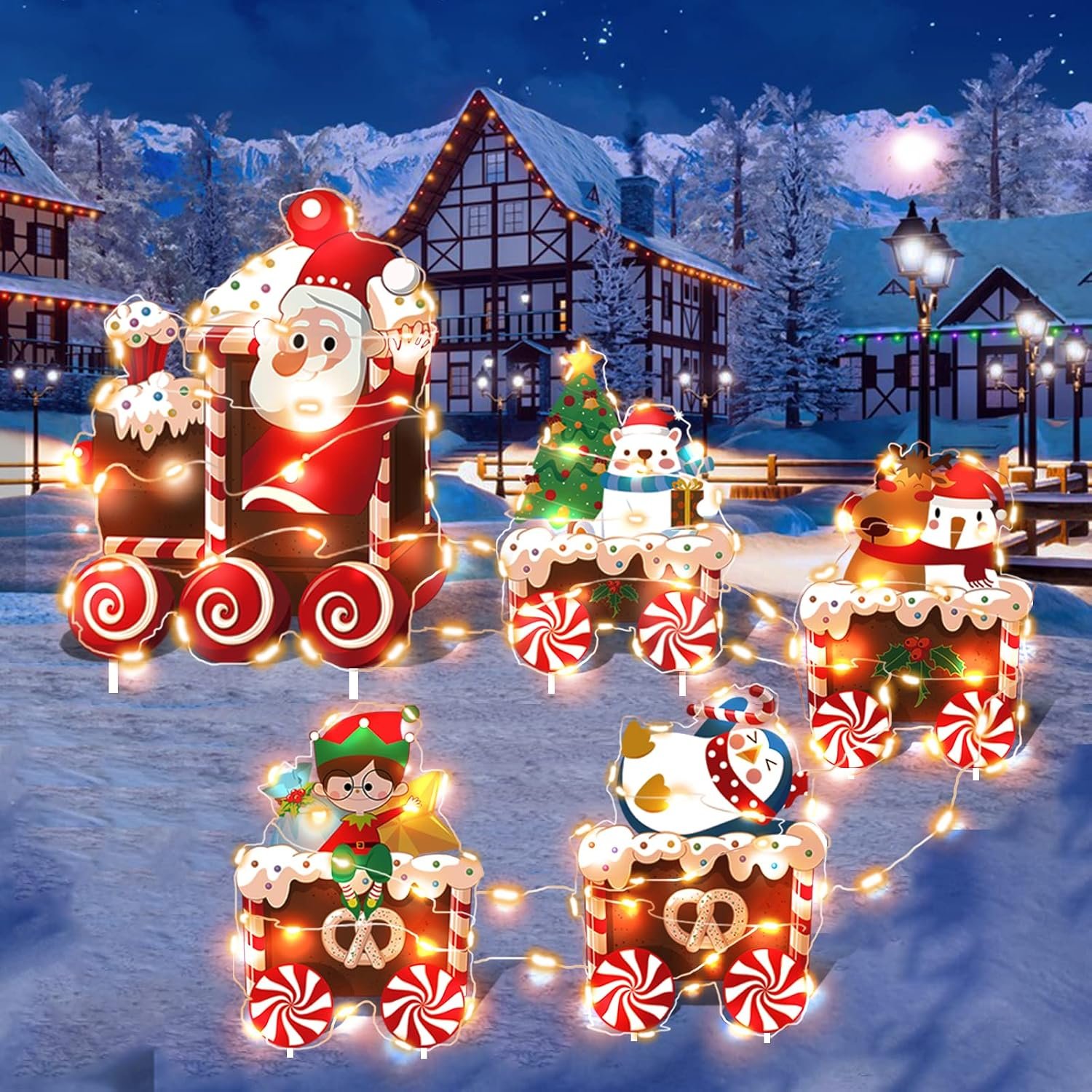 Christmas Train Decorations with LED String Lights, Yard Signs with Stakes | Cute holiday train set with lights for Christmas yards, gardens, porches and outdoor decorations