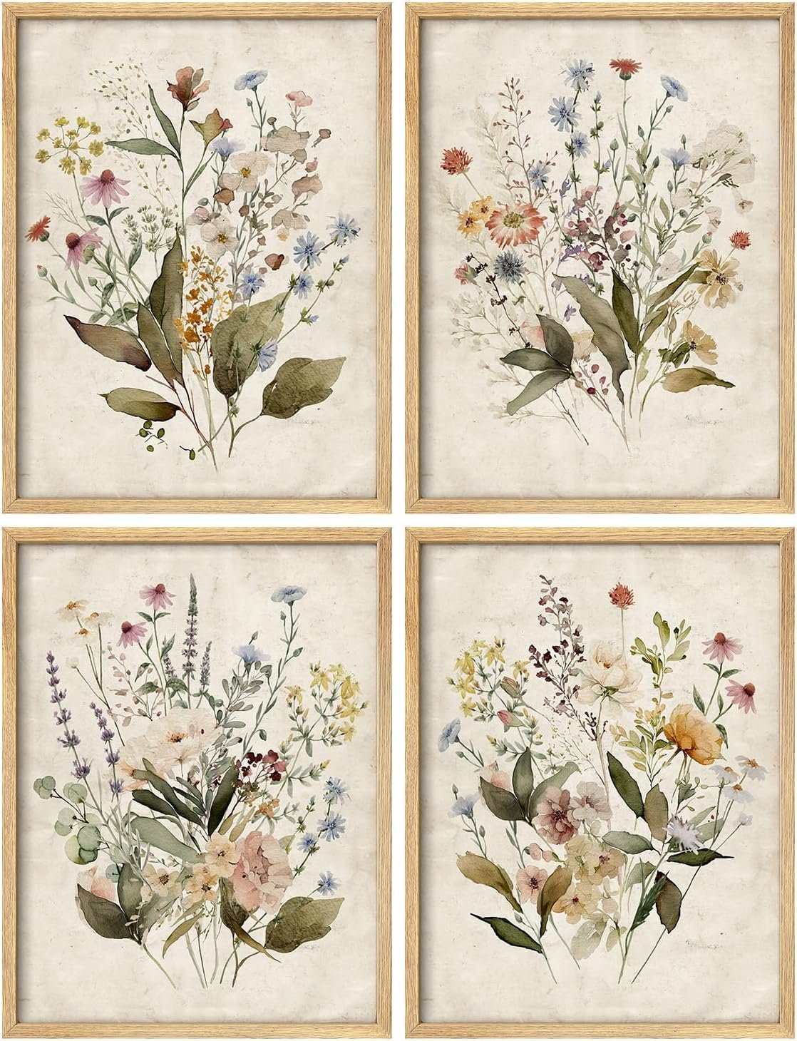 SIGNWIN Framed Set Vintage Wildflower Bouquet Antique Botanical Illustrations Modern Art Decorative Scenic Multicolor Nature Wilderness for Bedroom – 11″x14″x4 Natural