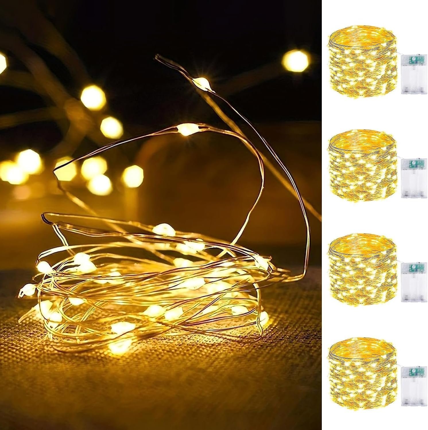 4 Pack Fairy Lights Battery Operated 16FT 50 LED String Lights Warm White | 6Hr On/ 18Hr Off Timer, Flexible Waterproof Silver Wire, Cuttable Starry Fairy Light for Bedroom Dorm Wedding Home Christmas