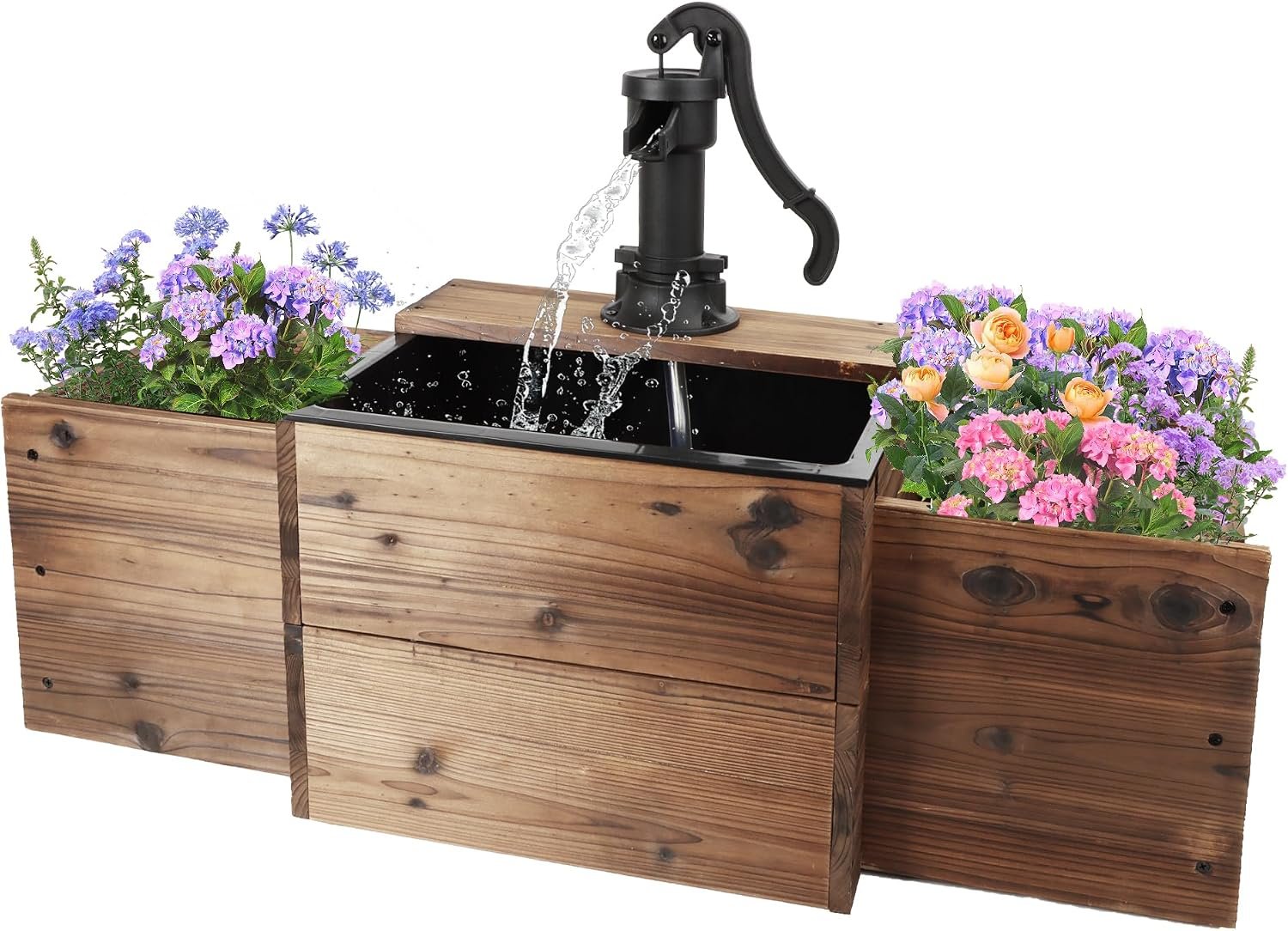 OIPRTGFJ Outdoor Water Fountain,Floor Wooden Rectangular Pump Old-Fashioned Fountain with Flower Box,Electric Decorative Hand Pump, Outdoor Water Feature for Garden Patio Backyard