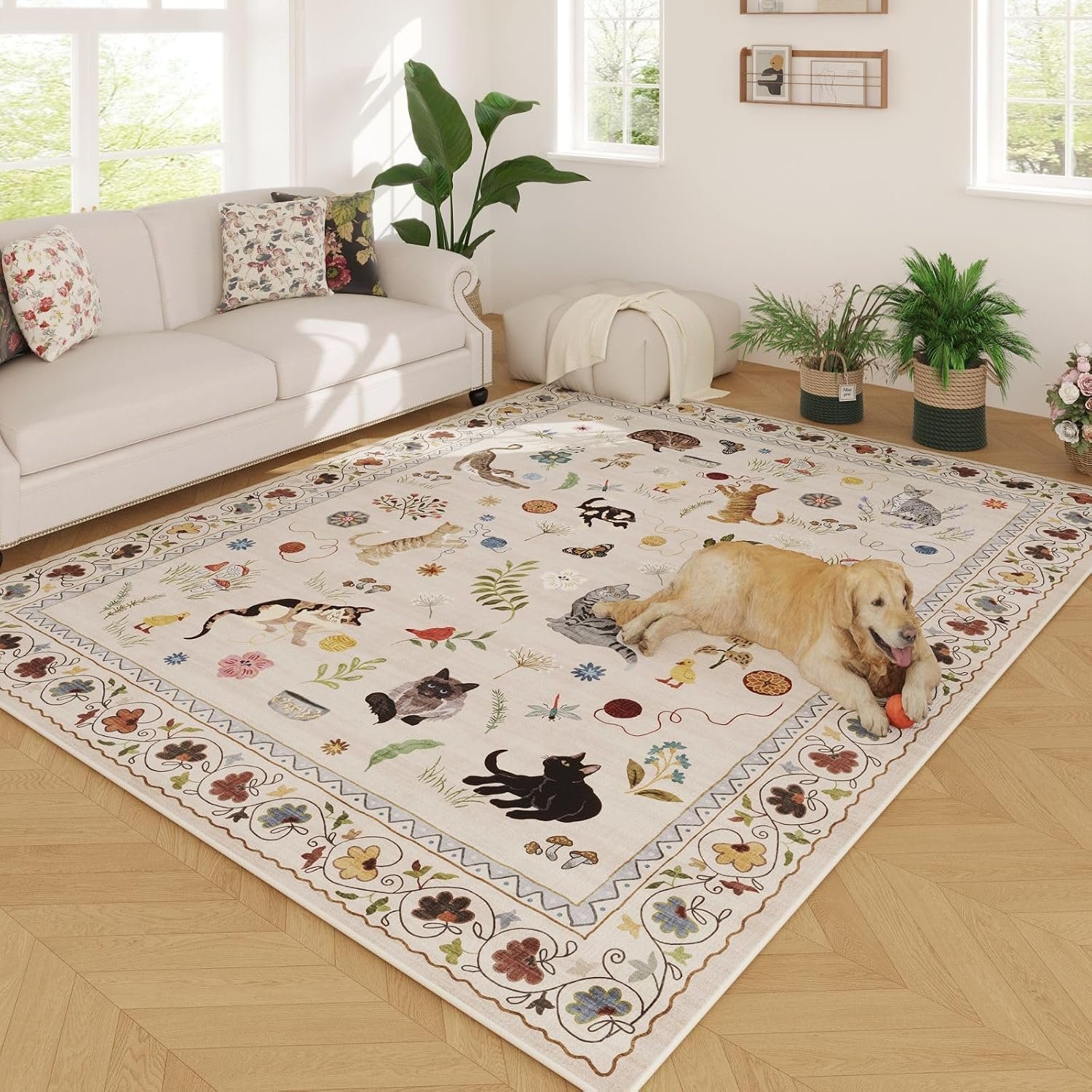Rugcomf Area Rugs 9×12 Living Room Clearance Washable Boho Rug Non Slip Floral Animal Cat Vintage Low Pile Large Rug for Living Room Bedroom Farmhouse Dining Room Kids Playroom, Beige