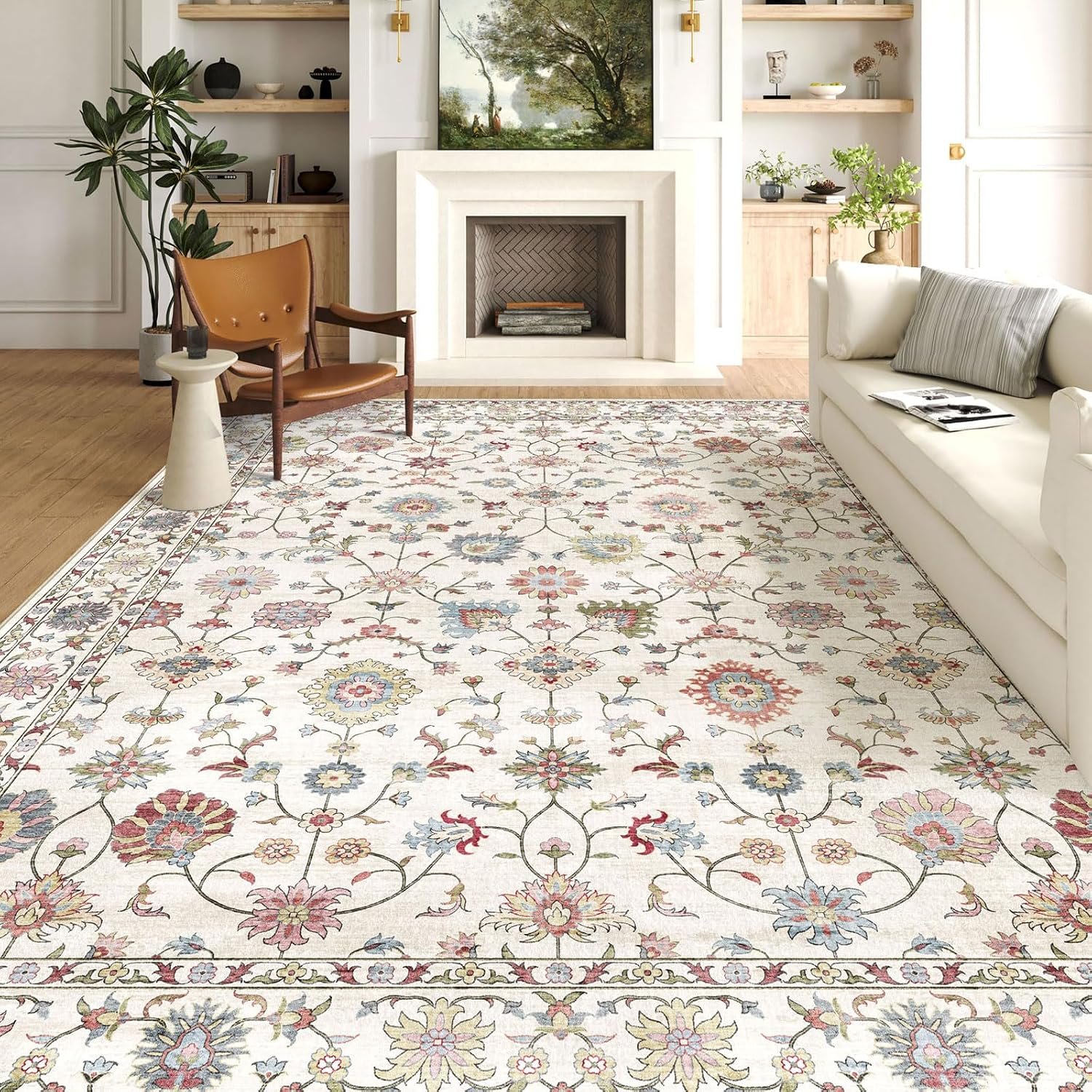 LUXRUG Area Rugs 9×12 Living Room – Washable Cream Boho Rugs for Bedroom | Large Soft Vintage Rug Ultra-Thin Colorful Traditional Floral Carpet Farmhouse Rug for Dining Room Guest Room Home Decor