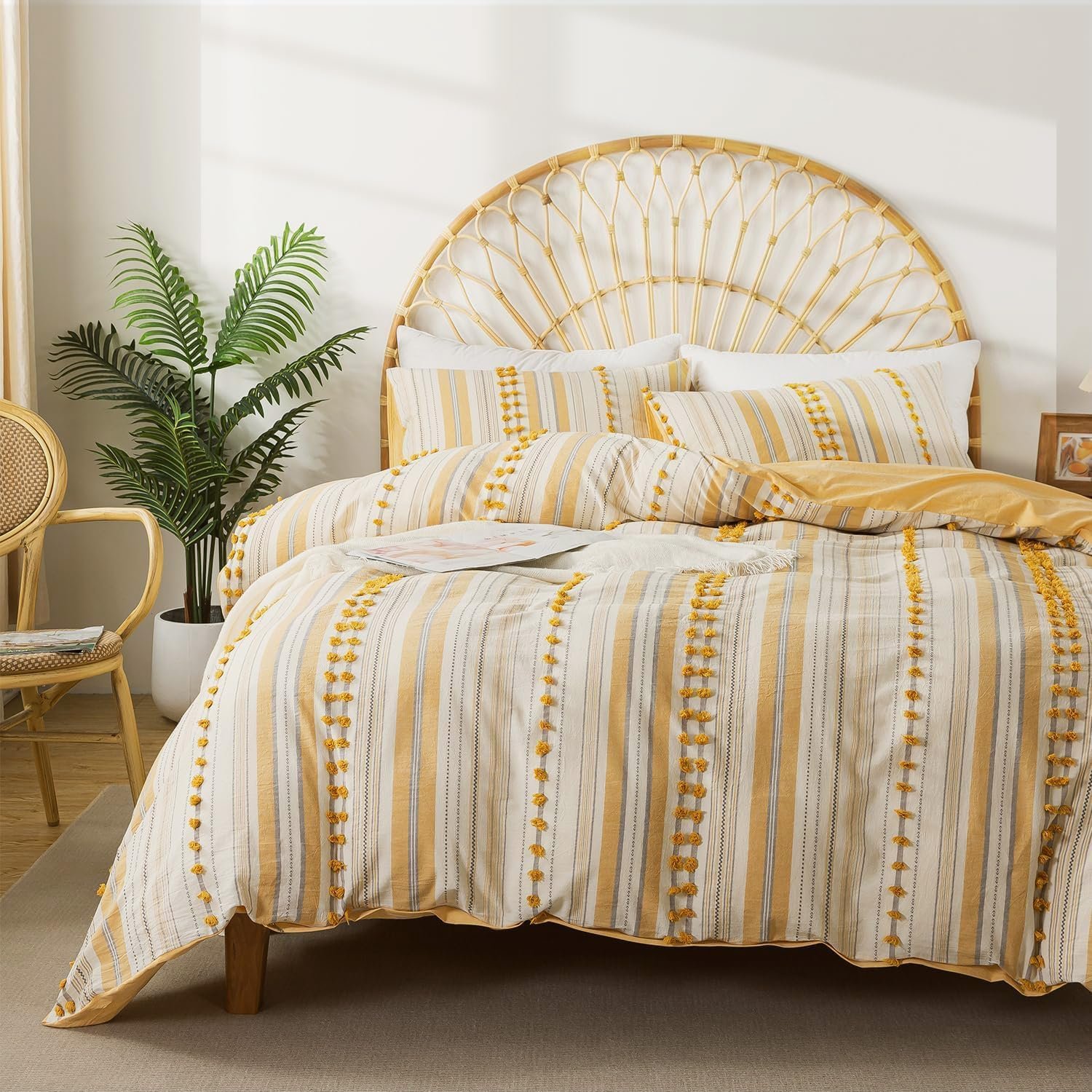 Washed Cotton Queen Size Duvet Cover Set – Tufted Dots Boho Chic Bedding for All Seasons, Striped Pom Pom Bedding Linen Like Textured Breathable Durable Soft Comfy (Yellow, 90×90”)