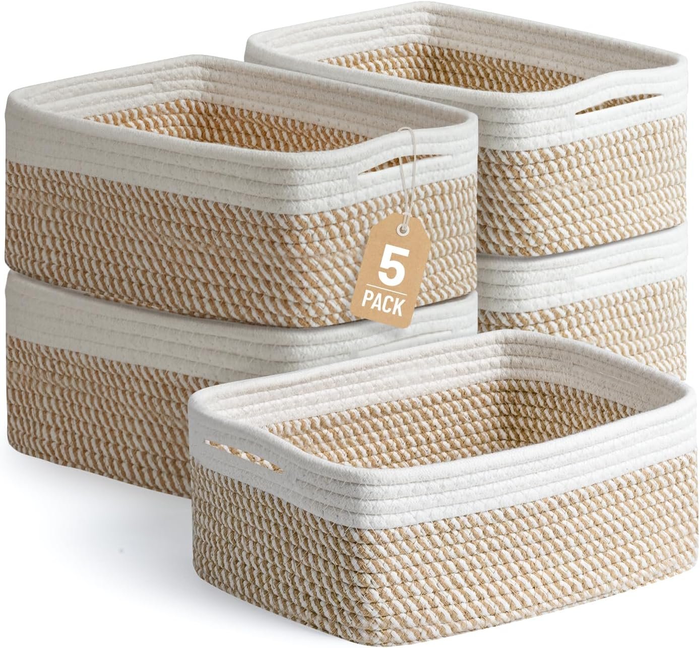 5 Pack Small Woven Storage Baskets for Shelves, Gift Baskets Empty | 11.8″x7.9″x4.7″, Decorative Cotton Rope Baskets Organizer, Storage Bins for Organizing Bathroom, Closet, Nursery, Khaki/White