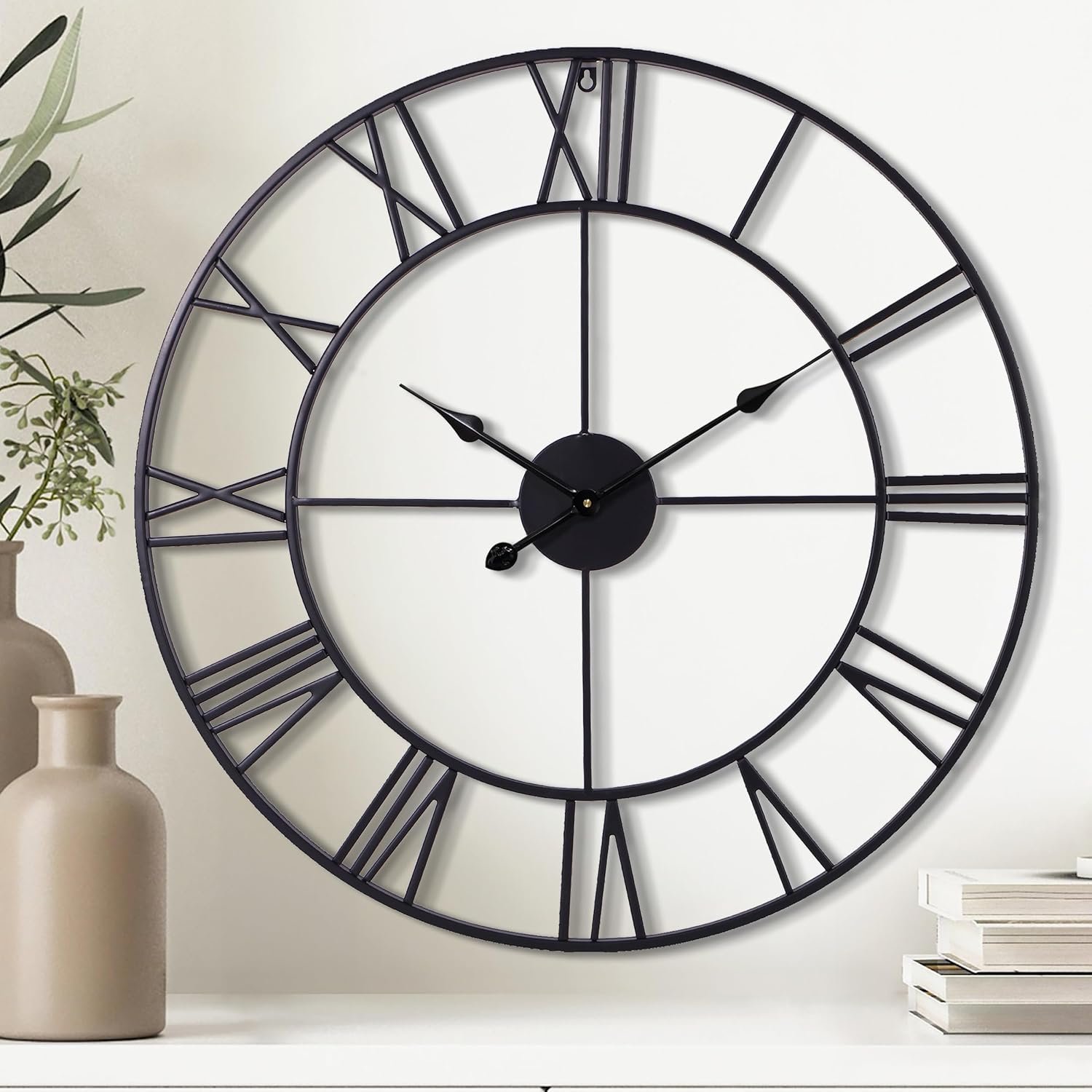 30 Inch Wall Clock for Living Room Decor, Black Roman Numeral | Silent Non Ticking, Battery Operated, Durable Metal Wall Clock for Dinning Room,Entryway,Home Office & Fireplace Decor