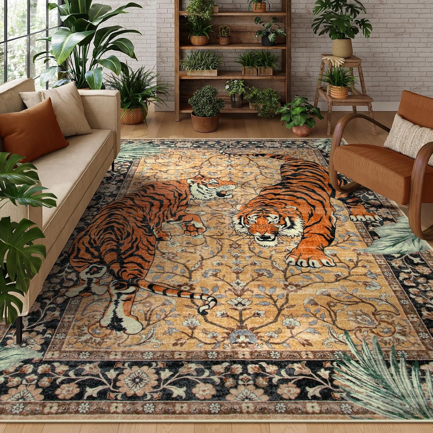 Moynesa Tiger 9×12 Rug, Boho Washable 9 x 12 Area Rugs for Living Room, Vintage Soft Large Dining Room Rug, Non Slip Ultra Thin Floor Carpet for Bedroom Guest Room Office, Camel