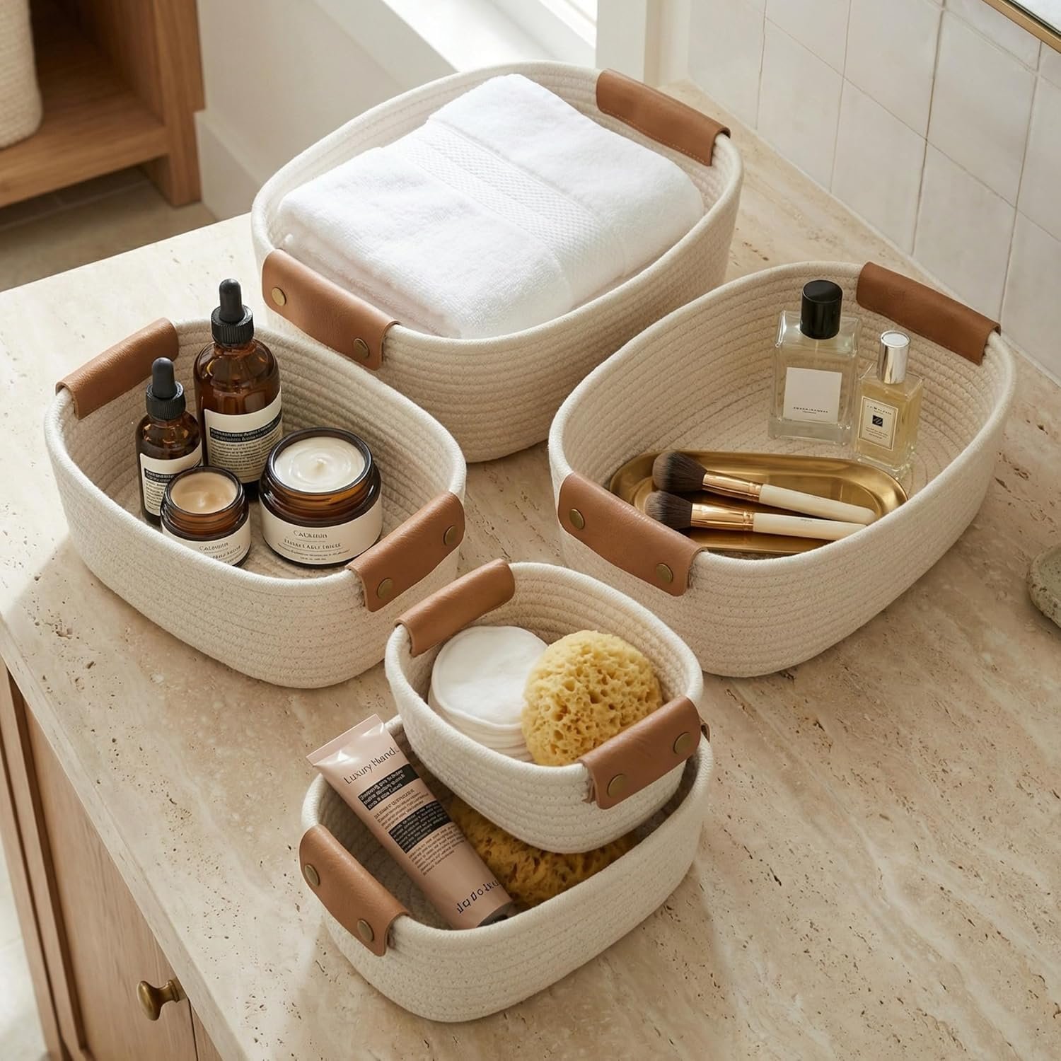 Beautiful Storage Basket Set of 5 – Sturdy Cotton Rope Baskets for Shelves | Perfect for Organizing Your Home – Quality Storage Bins Easily Fit with Any Nursery or Bedroom Decor