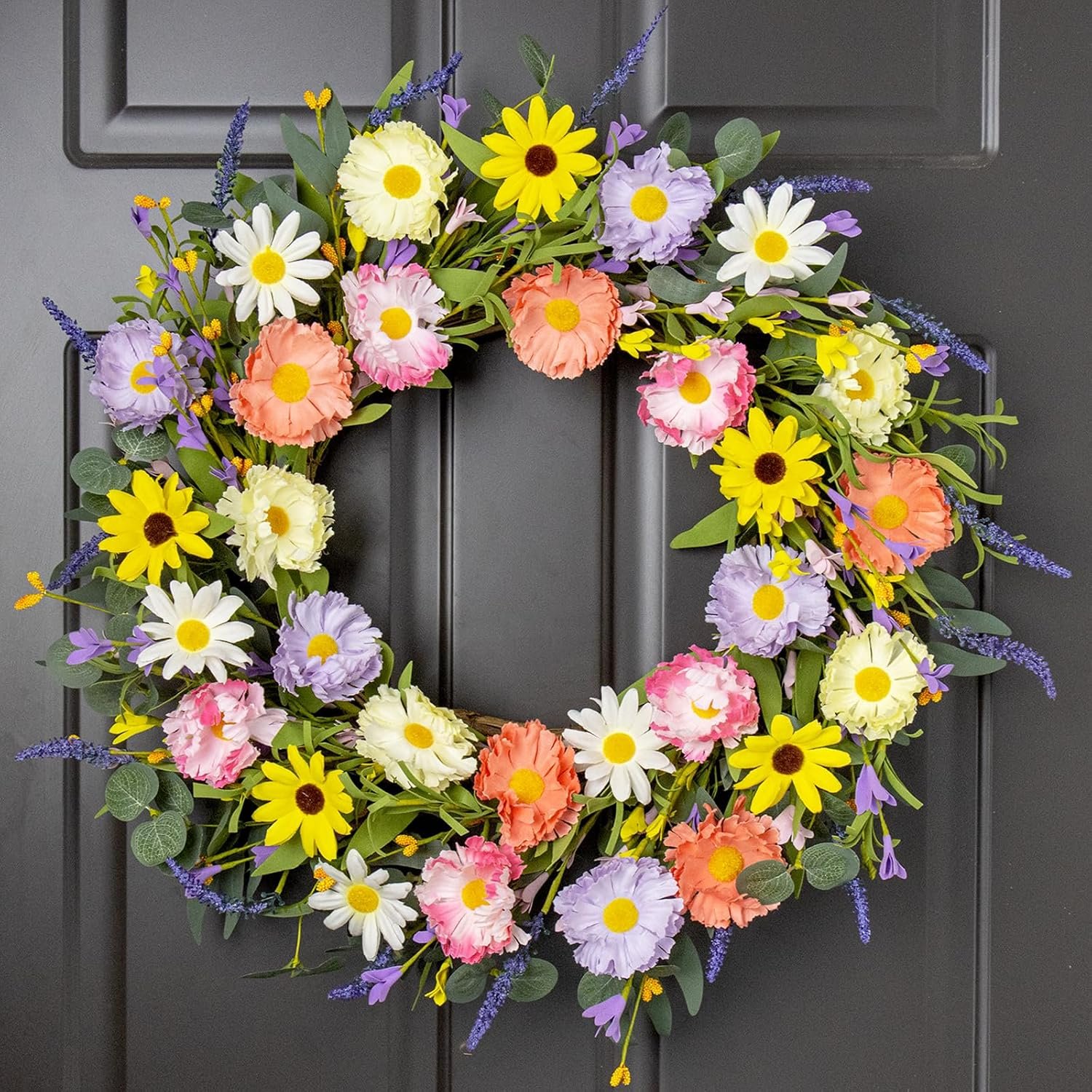 Spring Wreaths for Front Door 22 Inch Spring Wreath 6 Colors Summer Wreath with Lavender Daisy and Eucalyptus for Indoor Outdoor Holiday Celebration