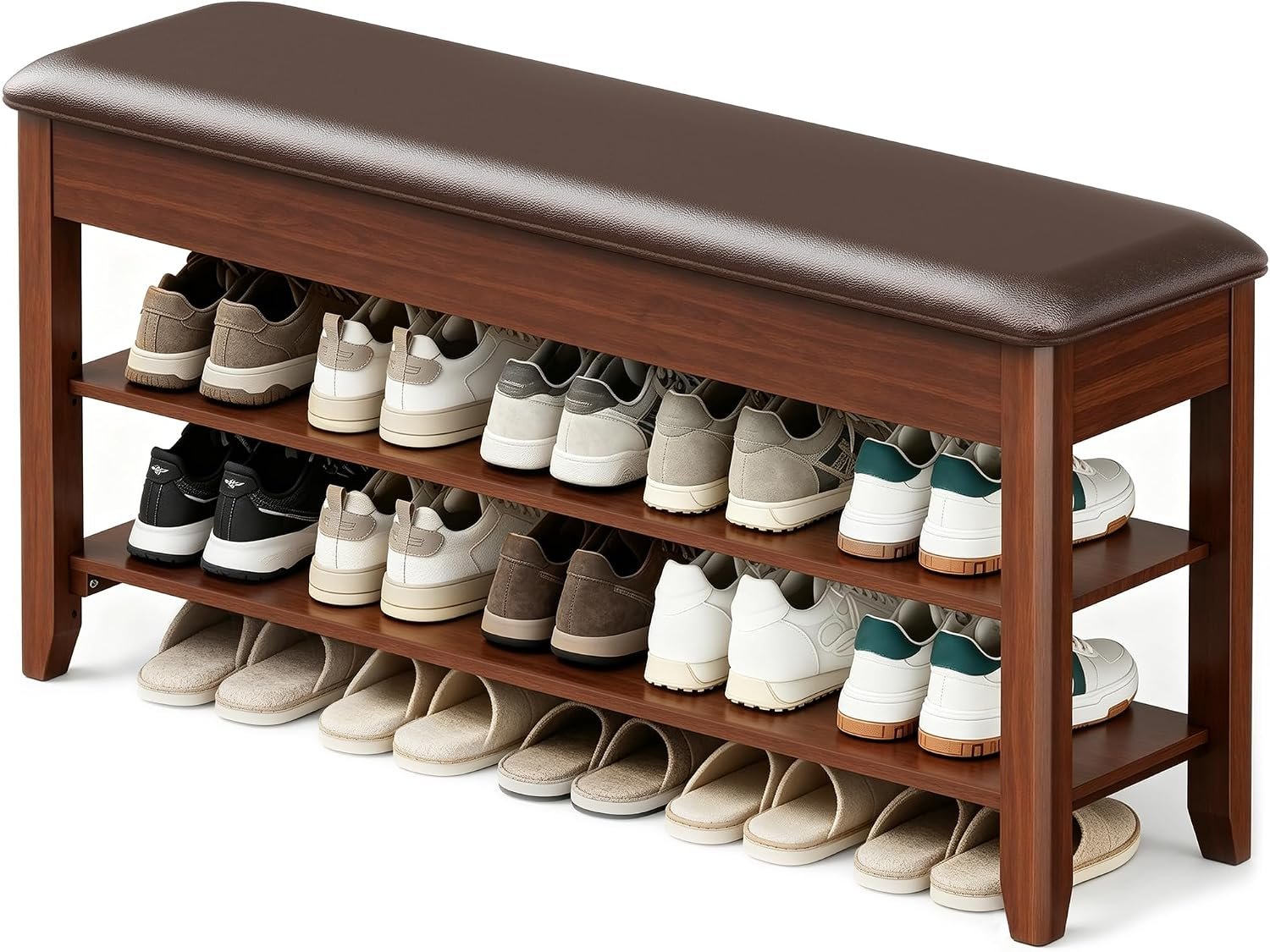 LBT Shoe Bench with Storage, Solid Rubberwood Shoe Rack Bench for Entryway | Adjustable 6.3″ Shelf Fits High-Top Shoes & Boots, Hidden Storage Compartment, Cushion Seat, Stay-Open Hinge, Walnut