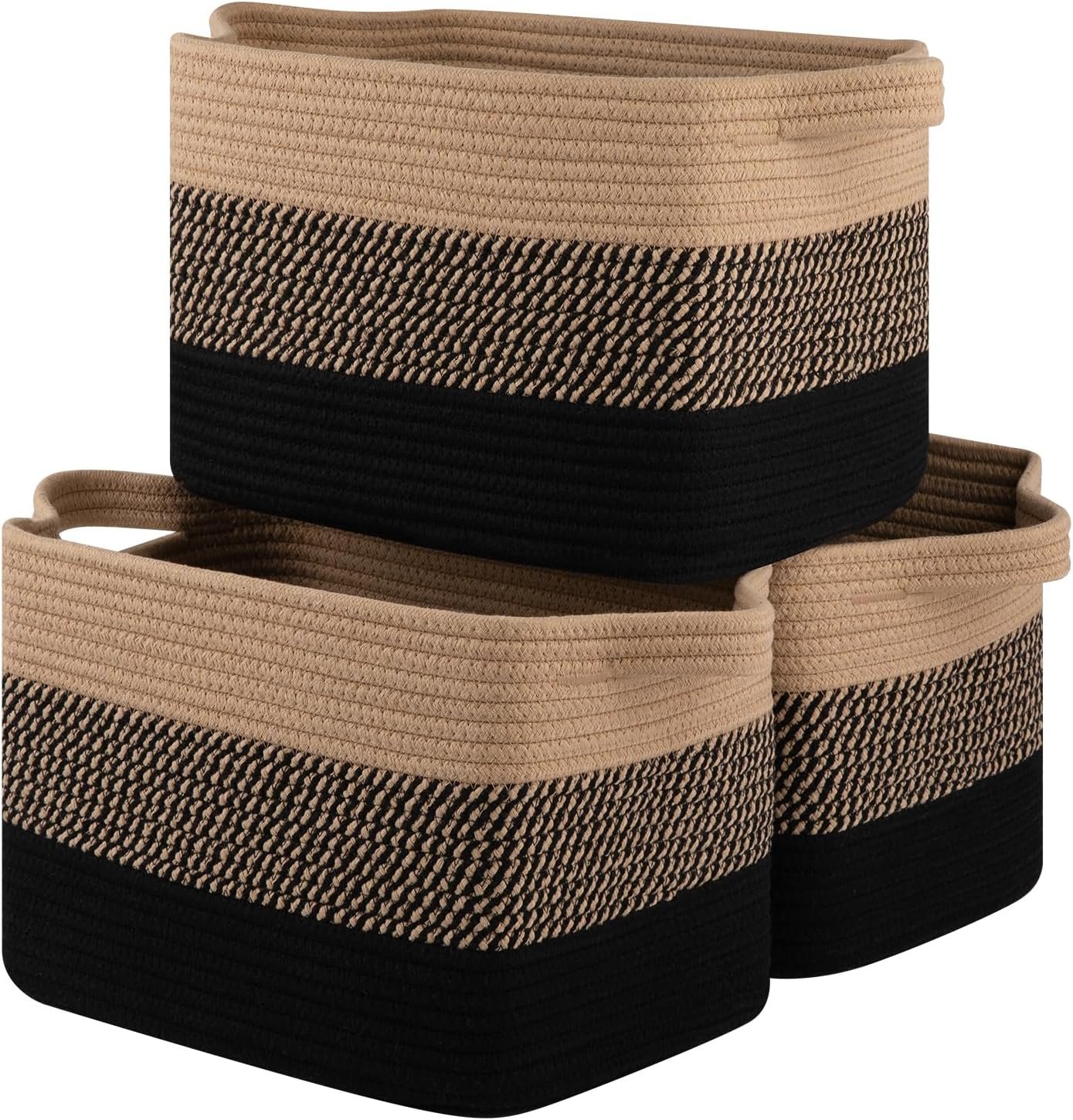 OIASKET Storage Basket for Organizing, Woven Baskets for Storage, Rectangle Decorative Baskets for Shleves, Closet, Toys, Books, Nursery Organizer Bins – Pack of 3 (Black & Brown, 13″x9.85″x8.7″)