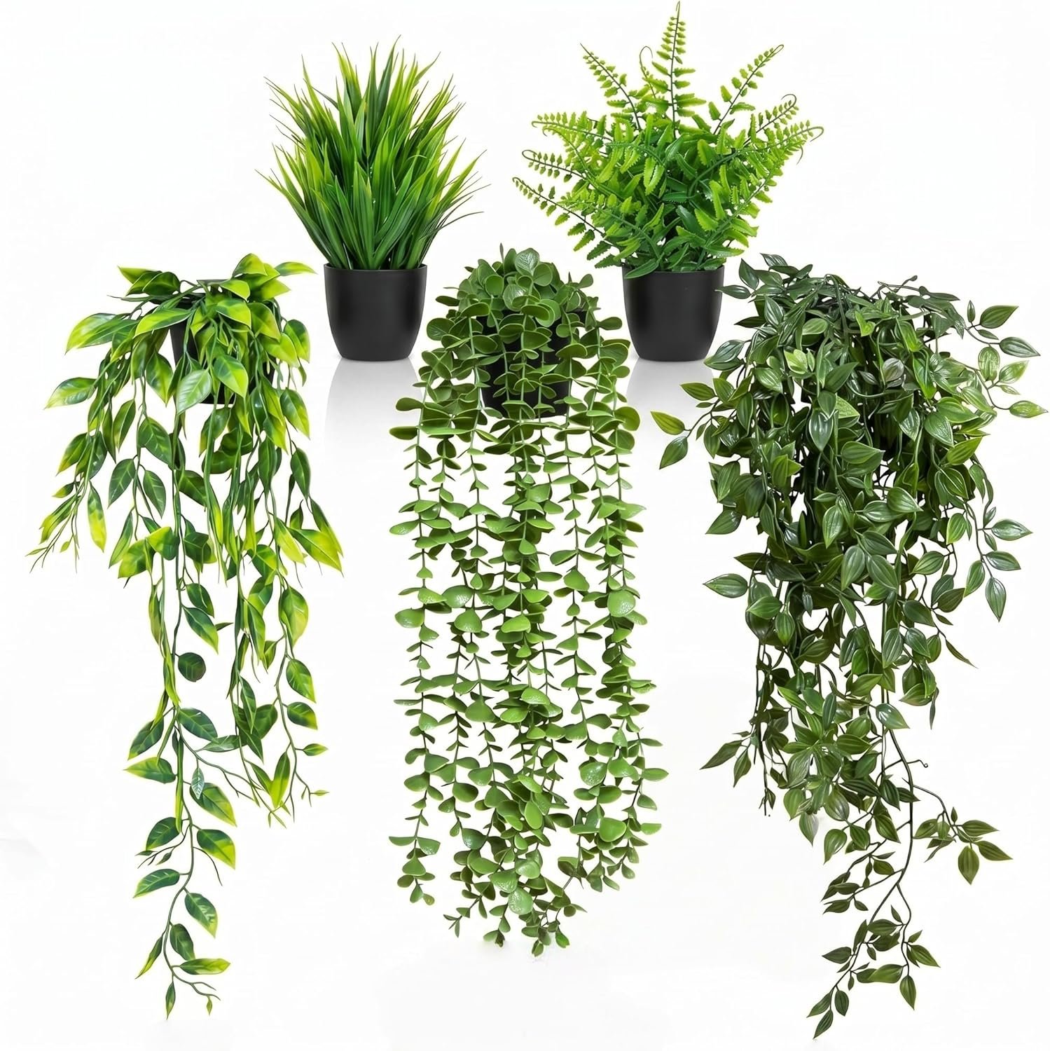 5 Pack Fake Plants – Artificial Hanging Plants & Small Potted Faux Eucalyptus Fern Ivy, UV Resistant Maintenance-Free, for Shelf Wall Desk Home Office Bathroom Indoor Outdoor Decor