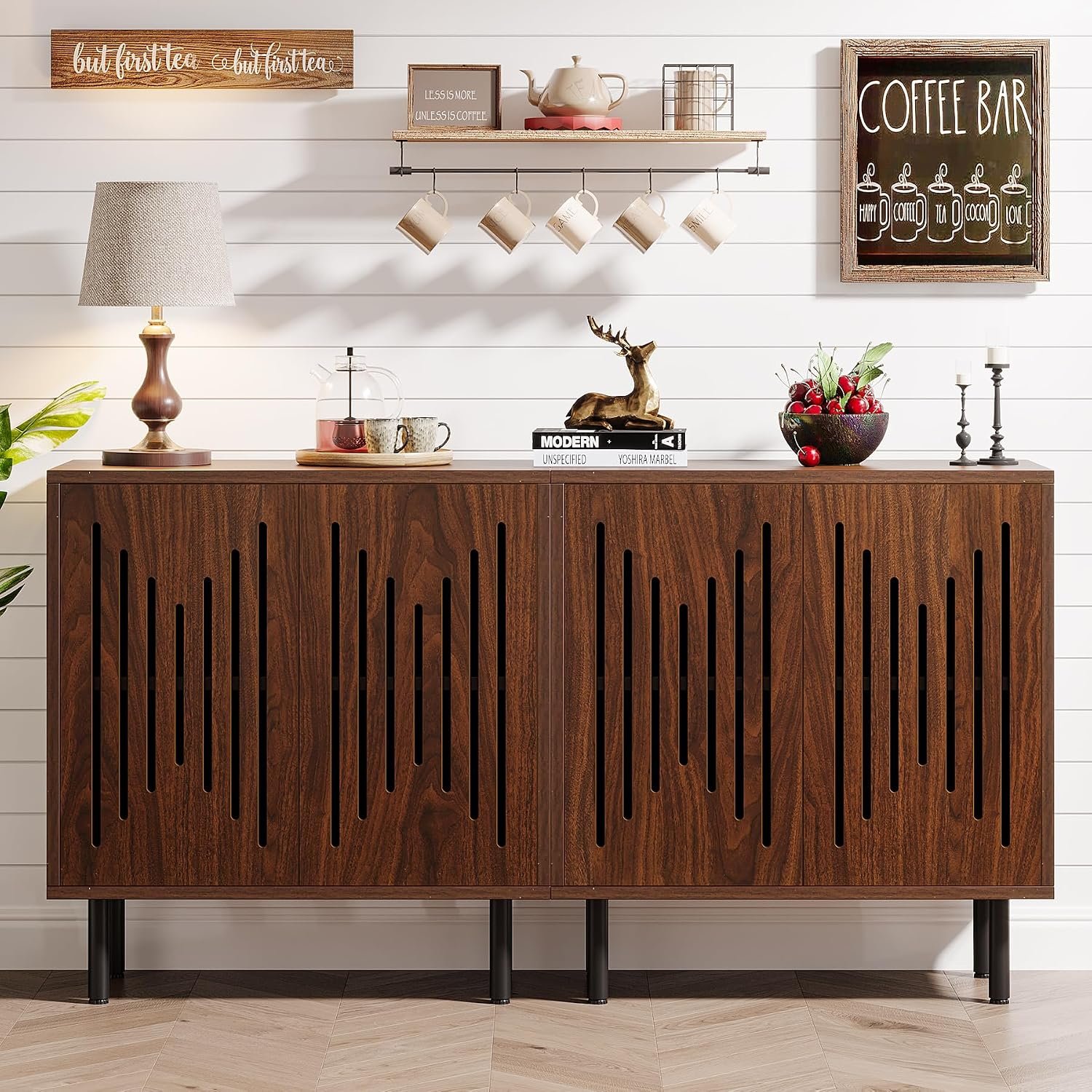 Tribesigns Set of 2 Sideboard Buffet with Storage, 59″ Sideboard Cabinet | Buffet Cabinet with Adjustable Shelves, Wood Accent Storage Cabinet for Living Room, Engineered Wood, Easy Assembly, Walnut