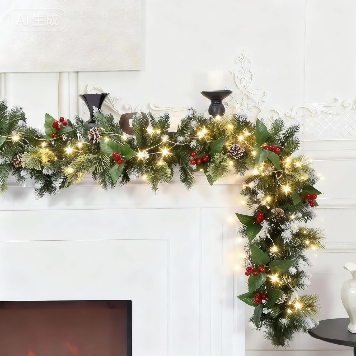 HipTree 9ft Lighted Christmas Garland with Lights for Mantel | Artificial Flowering Pine Garland ,Faux Green Christmas Winter Garland with Pine Cones and Red Berry for Indoor Outdoor Decor