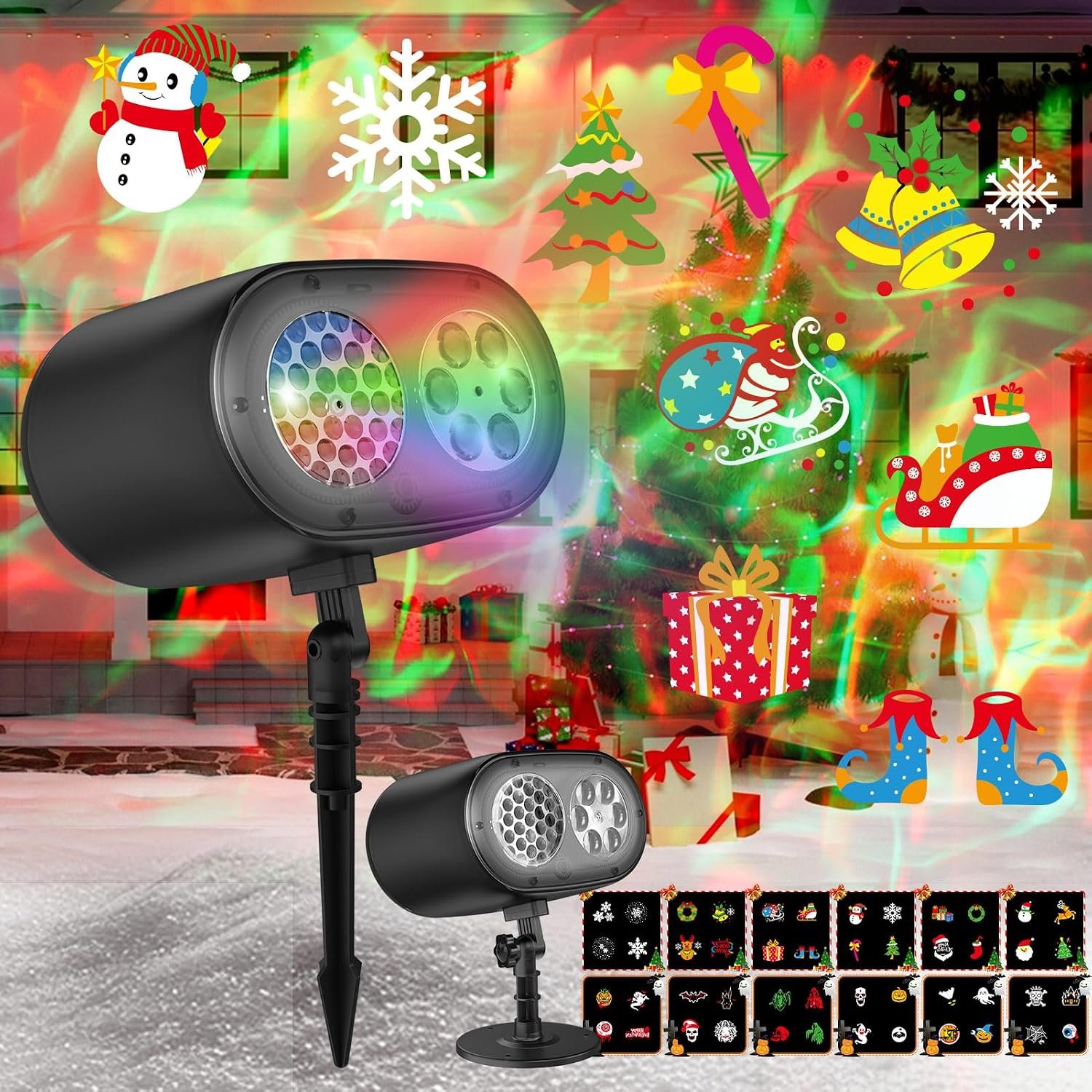 Christmas Projector Lights Outdoor Decoration, 2-in-1 Wave Ocean Effect LED Projector with 12 Dynamic HD Patterns, Remote Control Waterproof Xmas Halloween Projector for Holiday Home & Yard Décor