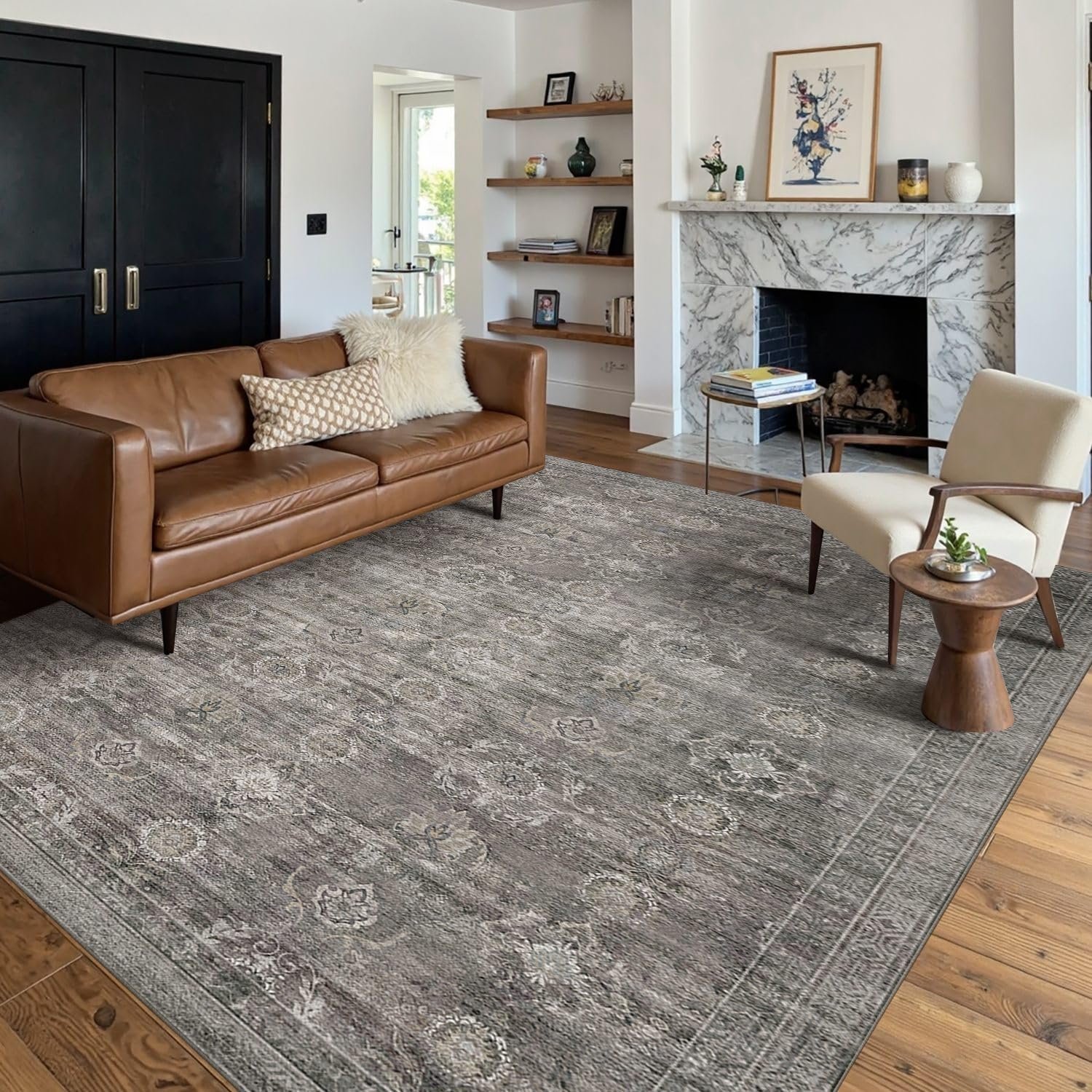 Area Rugs 5×7 Washable Rug for Living Room Bedroom Dorm, Taupe/Grey | Non Slip, Rug for Dining Kids Room Office Farmhouse, Stain Resistant, Soft, Vintage Boho Retro Carpet, Low Pile, Home Decor