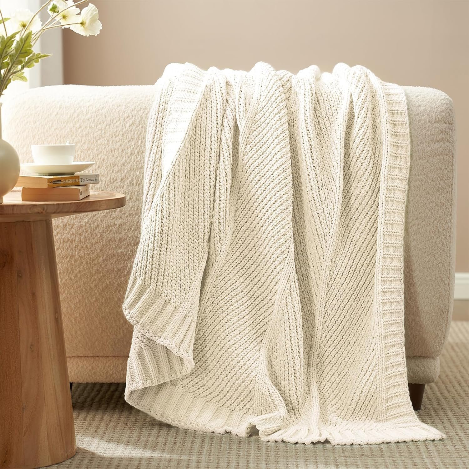 Knit Throw Blanket, Soft Chenille Cozy Breathable Chevron Chunky Decorative Blanket for Couch, Bed & Sofa, French-Inspired Lightweight Warm Gift for Women, Ivory, 50″x60″