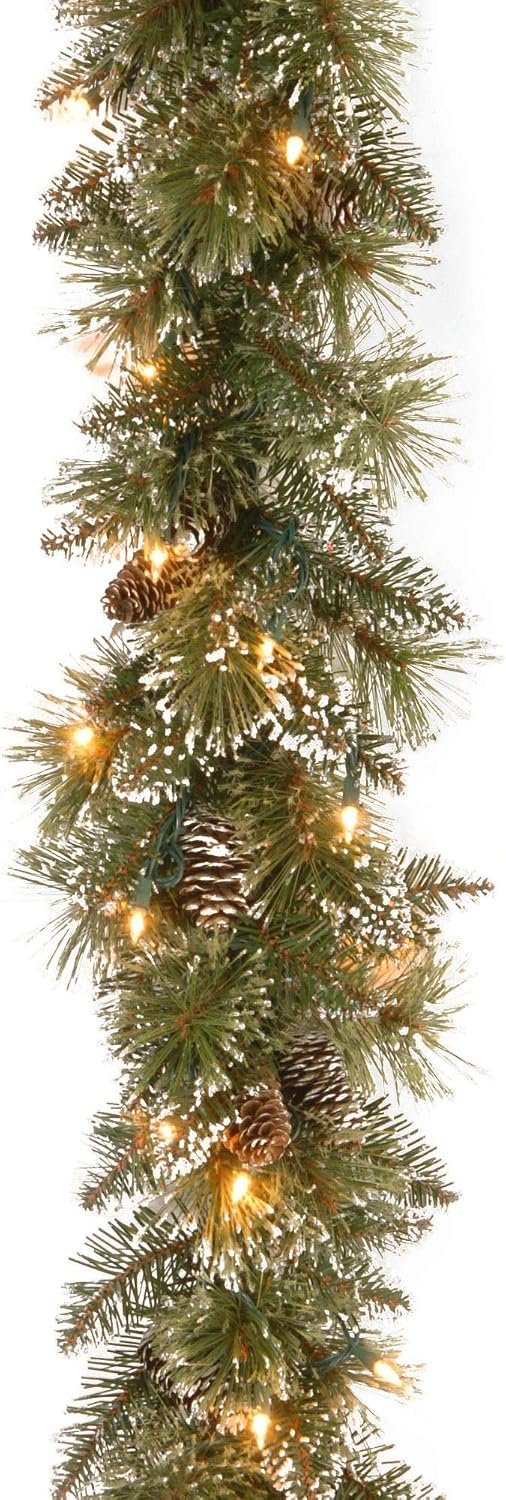 National Tree Company 6ft Pre-Lit Glittery Bristle Christmas Garland | 50 Warm White LED Lights, 138 Tips, Artificial Christmas Decoration With Pinecones, Timer, Green