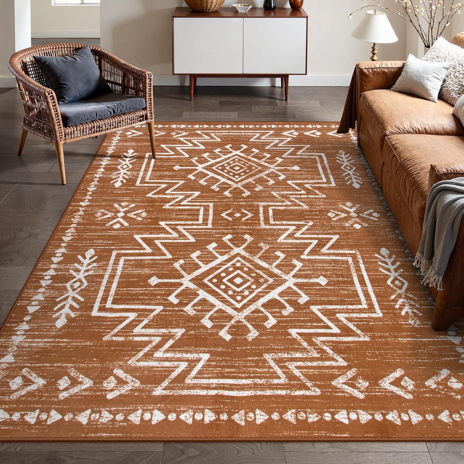Lahome Vivienne 8×10 Boho Rugs for Living Room, Washable Western Burnt Orange Large Area Rug for Bedroom Dining Room, Soft Stain Resistant Aztec Carpet Fall Rug for Guestroom Office