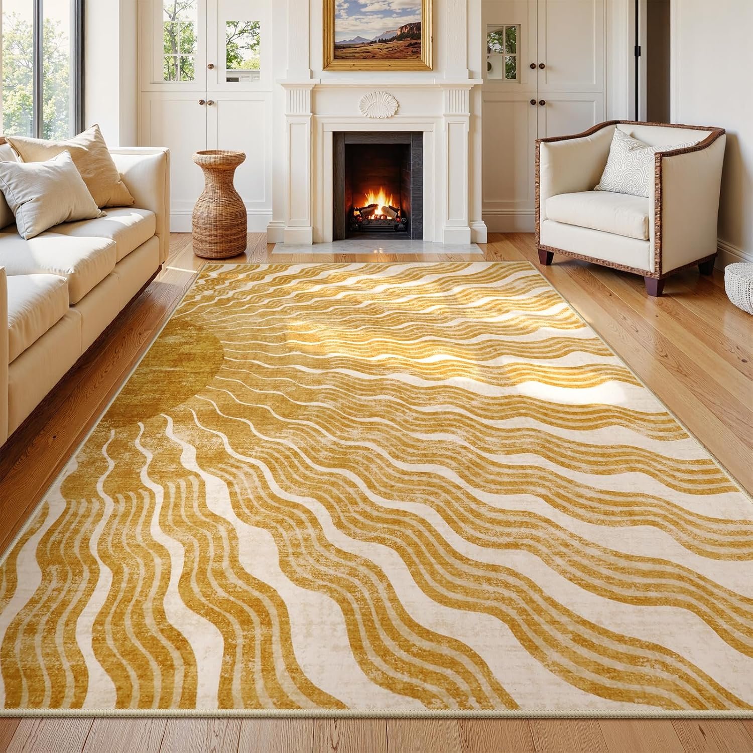 Hedlive Boho 8×10 Area Rugs, Sun Print Soft Washable Rugs 8×10 Rug for Living Room Nursery, Ultra-Thin Non-Slip Kids Rug Large Carpet for Playroom Bedroom Classroom(8x10ft,Gold/Multi)