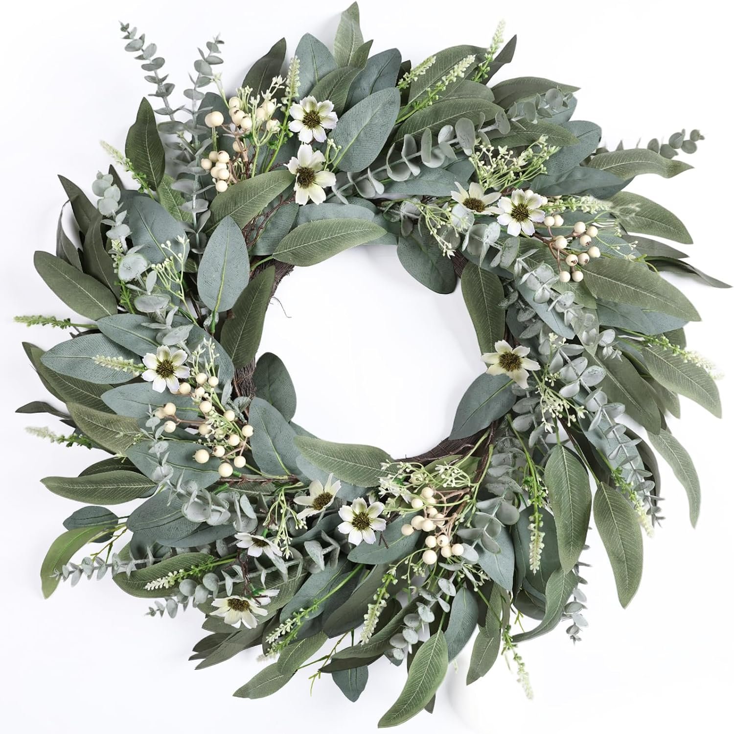 26 Inches Large Eucalyptus Spring Wreaths for Front Door,Artificial Greenery Summer Wreath with Berries White Flower Daisy,Easter Valentines Farmhouse Porch Wall Home Indoor Outdoor Décor