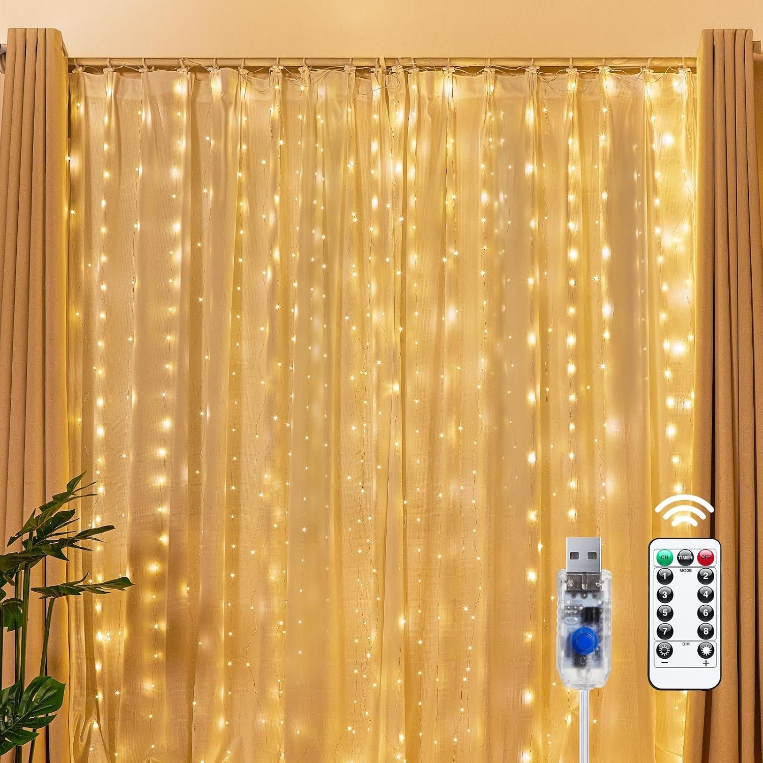 Brightown 300 LED Fairy Curtain Lights, 9.8ft x 9.8ft String Lights | USB Plug in 8 Lighting Modes Christmas String Hanging Lights with Remote for Bedroom Indoor Outdoor Party Xmas Warm White