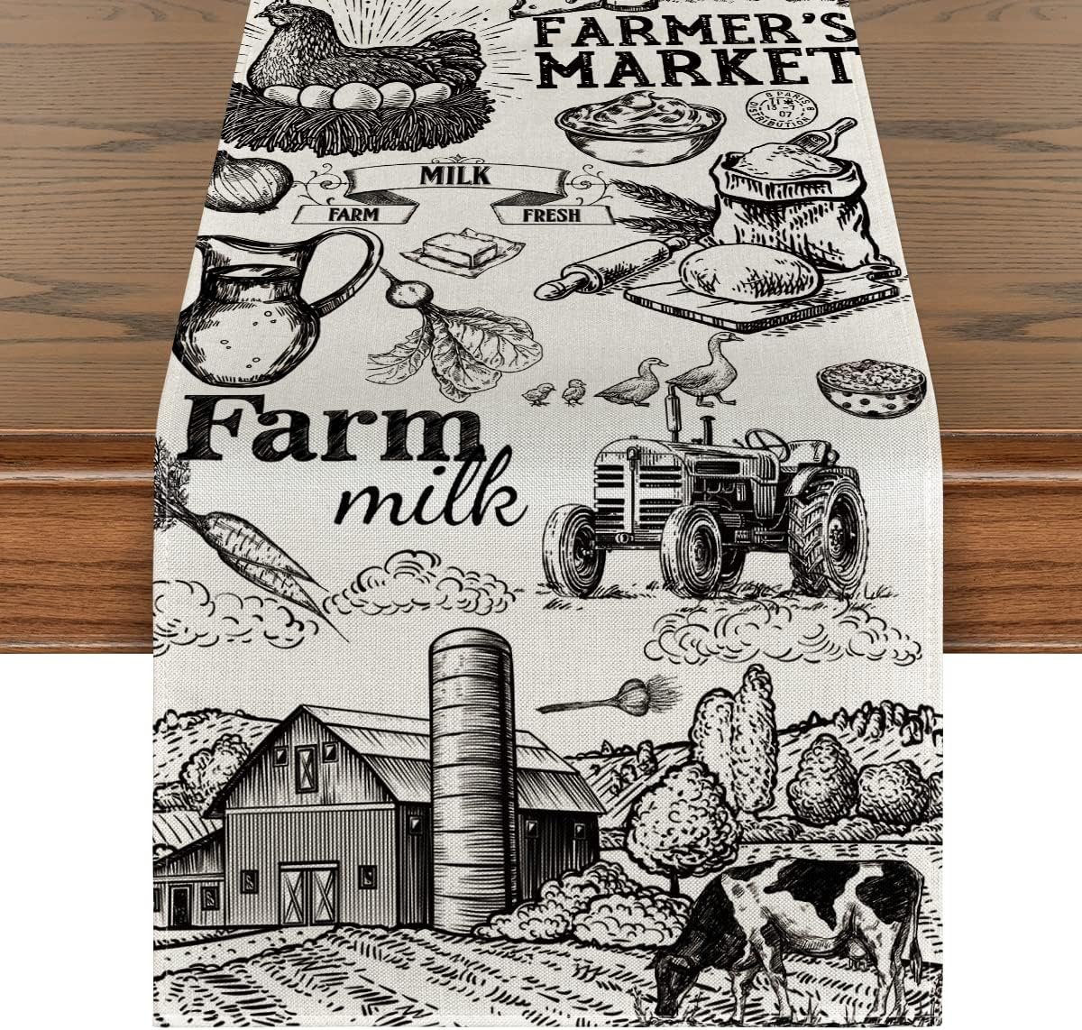 Artoid Mode Tractor Milk Farm Table Runner, Cow House Fall Kitchen Dining Table Decoration for Outdoor Home Party 13×72 Inch