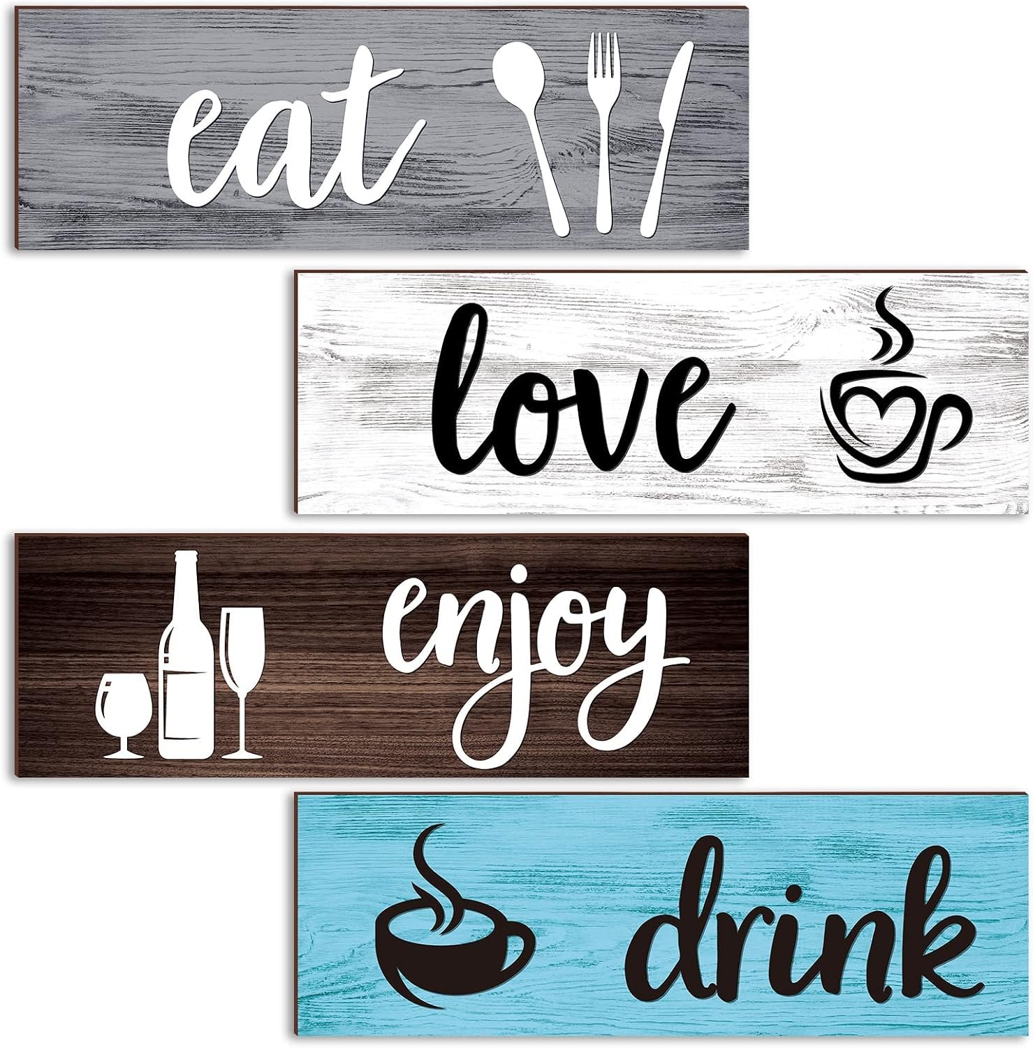 4 Pcs Farmhouse Kitchen Wall Decor Sign, Eat Drink Enjoy Love | Rustic Wooden Hanging Plaques, 12 x 4 Inch, Dining Room Wall Art, for Coffee Bar, Cafe, Home Kitchen, Housewarming Gift
