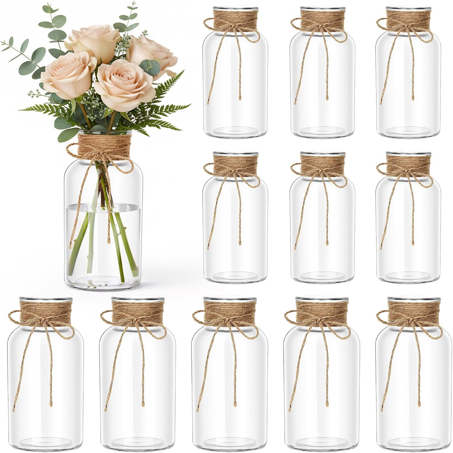 12Pack Mason Jars for Centerpiece Glass Flower Bud Vase Transparent Vases | White Decortive Jar Vintage Farmhouse Bulk for Weddings, Parties, Christmas & Home Decor