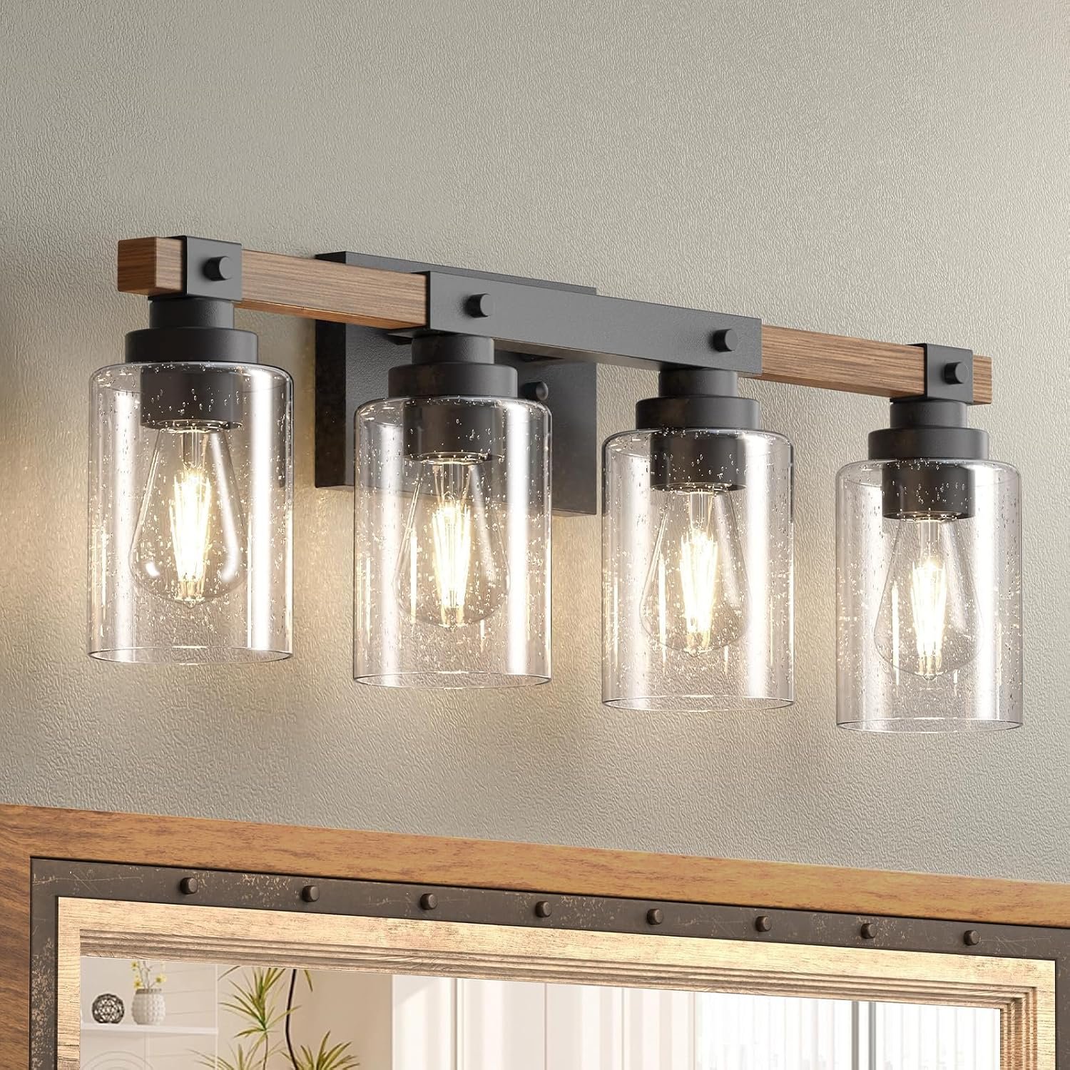 Amico 4-Light Farmhouse Bathroom Vanity Light, Seeded Glass, Black & Wood | Bubble Glass Shade Wall Sconce, Over Mirror Lighting for Bathroom, Bedroom, Living Room, Hallway, Powder Room, Entryway